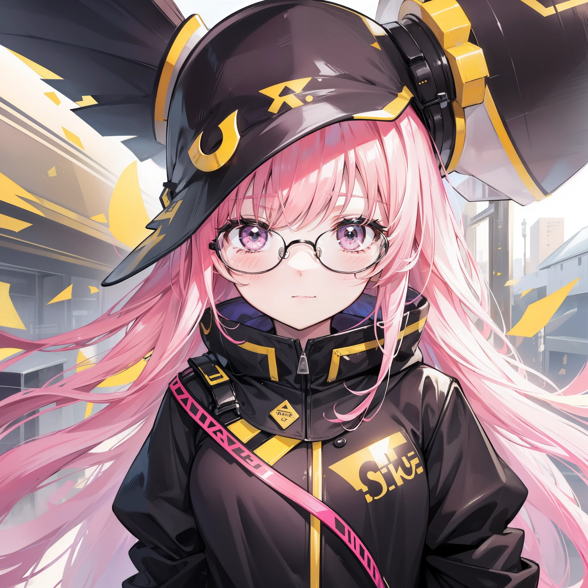 Yellow-pink transparent texture for long hair,Wide black glasses,The face is relatively large,Silly,Looks silly and cute,It's a cute girl