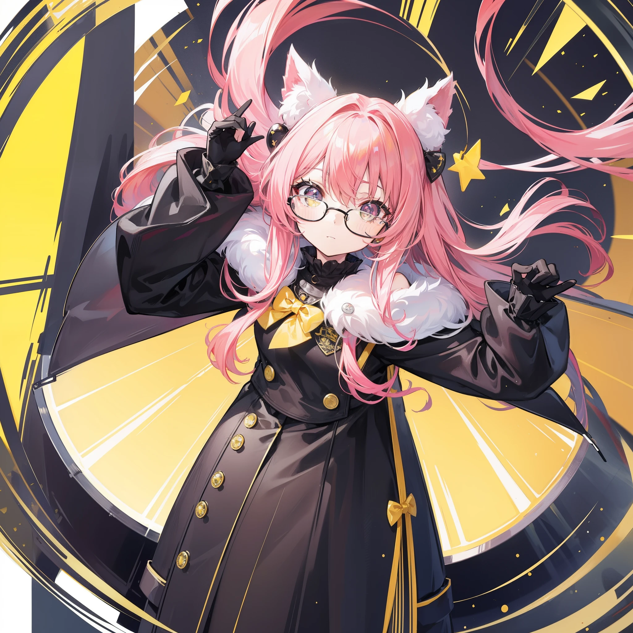Yellow-pink transparent texture for long hair,Wide black glasses,The face is relatively large,Silly,Looks silly and cute,It's a cute girl