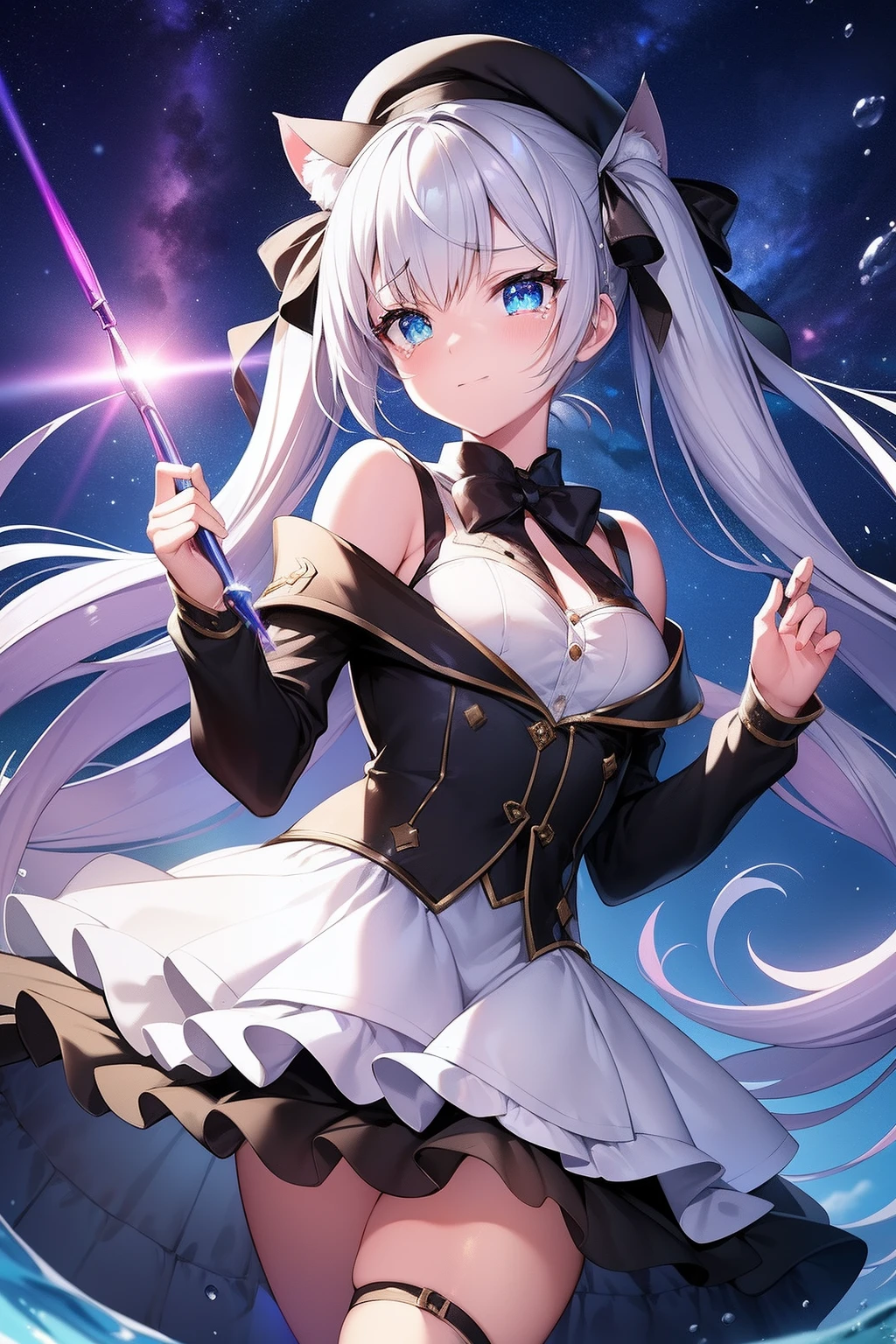 She has a flat chest, ((flat chest))Her hair has silver twin tails and cat ears,Tie two black ribbons to your hair, She wears a black beret, She has a very flat chest like a cutting board, flat-chest, She wears a white summer schoolgirl uniform, She wears a red tie on her chest, A morning of sparkling iridescent Milky Way and hopeful lights, Iridescent Crystal Gemstones, Is pale skinned,She cries、Sheds a lot of tears from the eyes、Crying with a mischievous look、Smile on your lips, Starry sky and sandcastle, She enveloped the magic of red light like a snake in a splash of water, Highest Quality, She wears a black miniskirt((sad)),The face of the big picture, A night light illuminates her back,Wielding a magical girl rod with a large iridescent crescent moon at the tip,Countless shooting stars,Lens Flare, Big rainbow,Big sun blooms、The surface of the water illuminates your back, ((Water brilliance)), chromatic abberation], Digital Painting, Insane details, Intricate details, Beautifully color graded, Unreal Engine, Cinematic , Fantastic, colour grading, Editorial Photography , Photography, Photo Shot, Shot on 70mm lens, depth of fields, degrees of freedom, Tilt Blur, Shutter Speed 1/1000, A/11