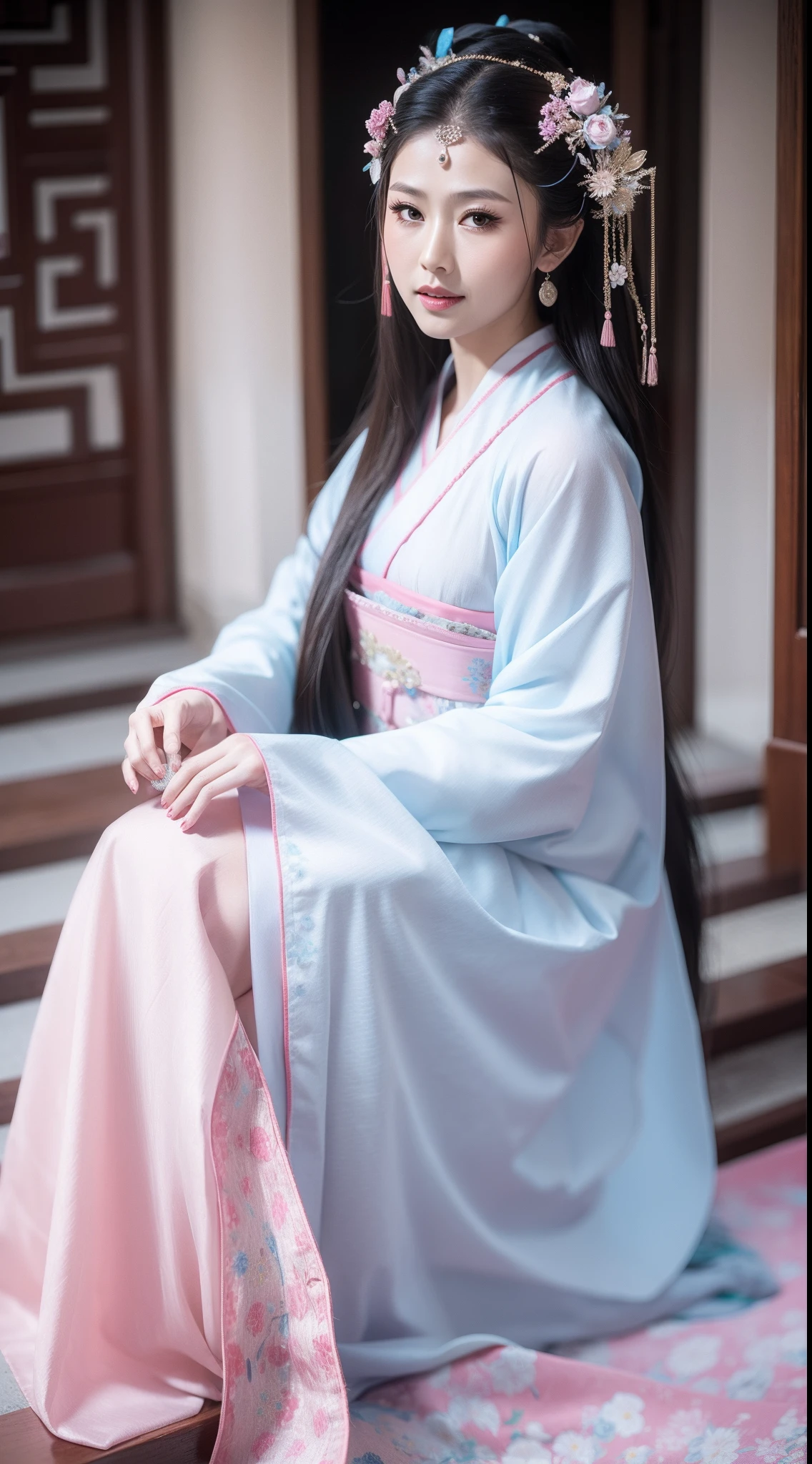 Ancient Chinese clothing，white apparel，The garment is a pink floral pattern，ancient china art style，Fashion model 18 years old [[[[closeup cleavage]]]], [[[[boobgasm]]]], [[[[coll]]]], [[[[bshoulders]]]], perfect  eyes, Perfect iris，Perfect lips，perfect teeth，Perfect skin，with fair skin，Soft front light，hdr，Movie girl，long whitr hair，The expression was melancholy，The background is outdoor，Light blue flowers，4K Ultra HD, 超高分辨率, (Photorealistic: 1.4), Best quality，Masterpiece，Utra dilution，（pastel colour：1.2）