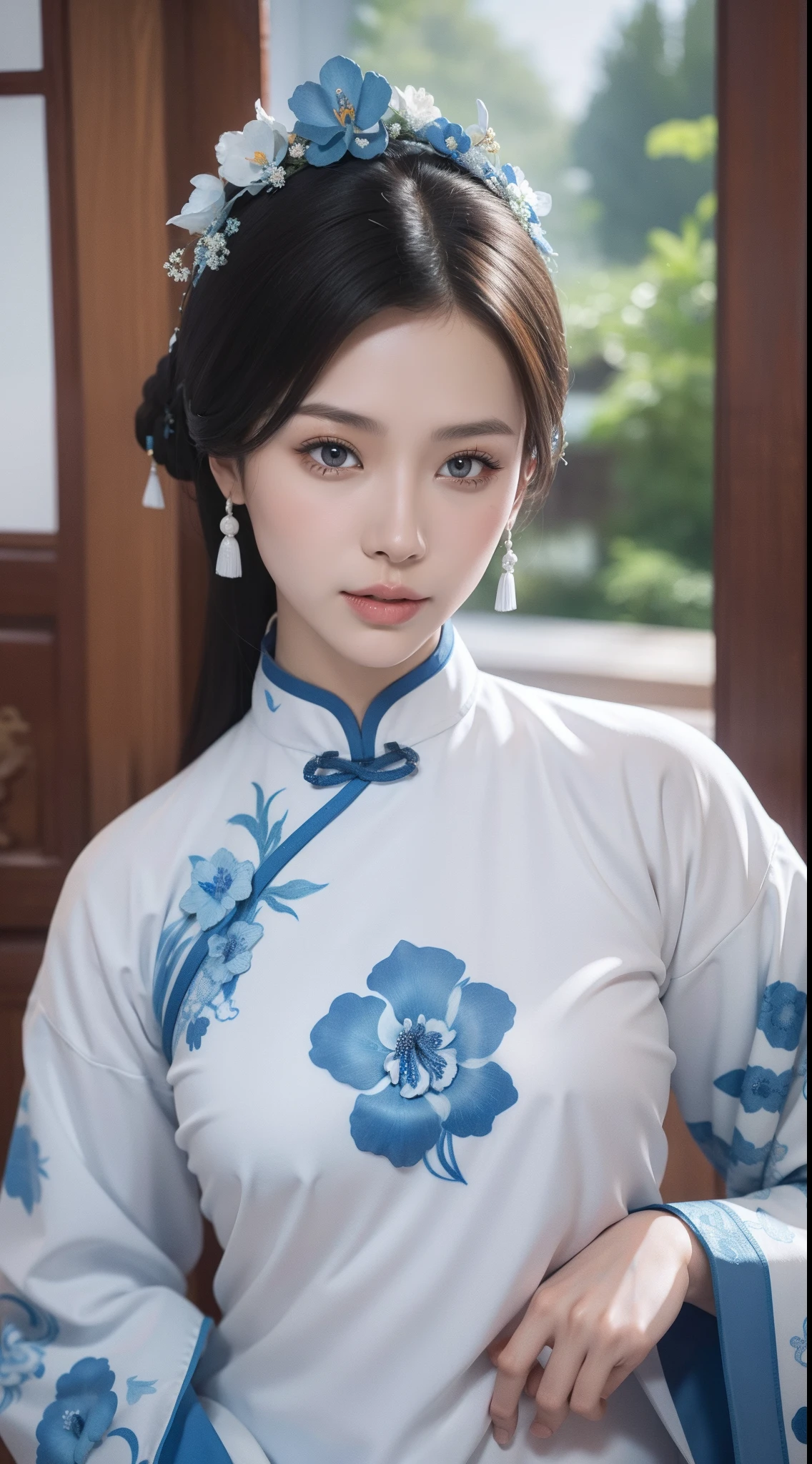 Blue and white porcelain style，Chinese white cheongsam，The white cheongsam is decorated with a blue and white pattern，ancient china art style，Fashion model 18 years old [[[[closeup cleavage]]]], [[[[boobgasm]]]], [[[[coll]]]], [[[[bshoulders]]]], perfect  eyes, Perfect iris，Perfect lips，perfect teeth，Perfect skin，with fair skin，Soft front light，hdr，Movie girl，The expression was serious，The background is an ancient Chinese courtyard，White powder wall，blue flowers，Full body photo，4K Ultra HD, 超高分辨率, (Photorealistic: 1.4), Best quality，Masterpiece，Utra dilution，（pastel colour：1.2）