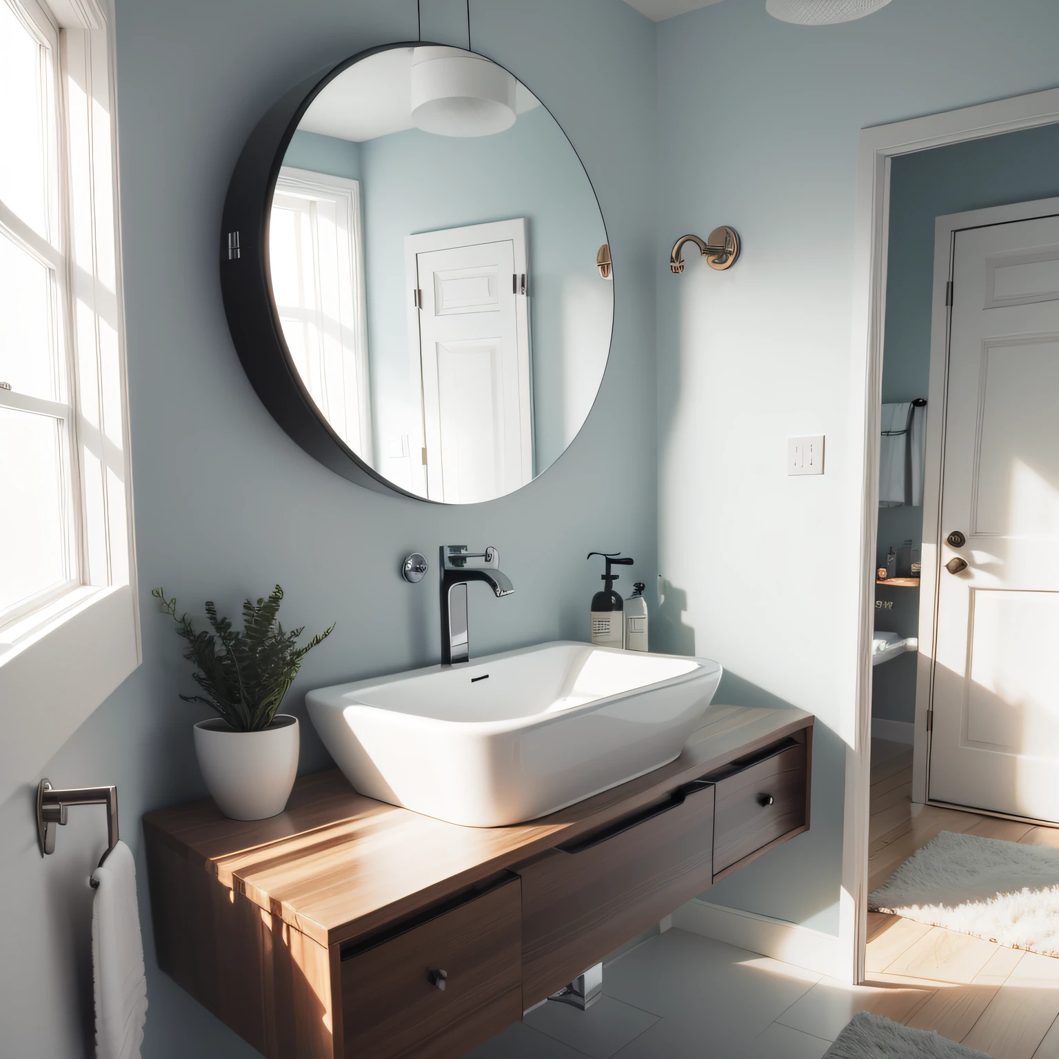 scandi bathroom with Floating Vanity, Vessel Sink, and Round Mirrors