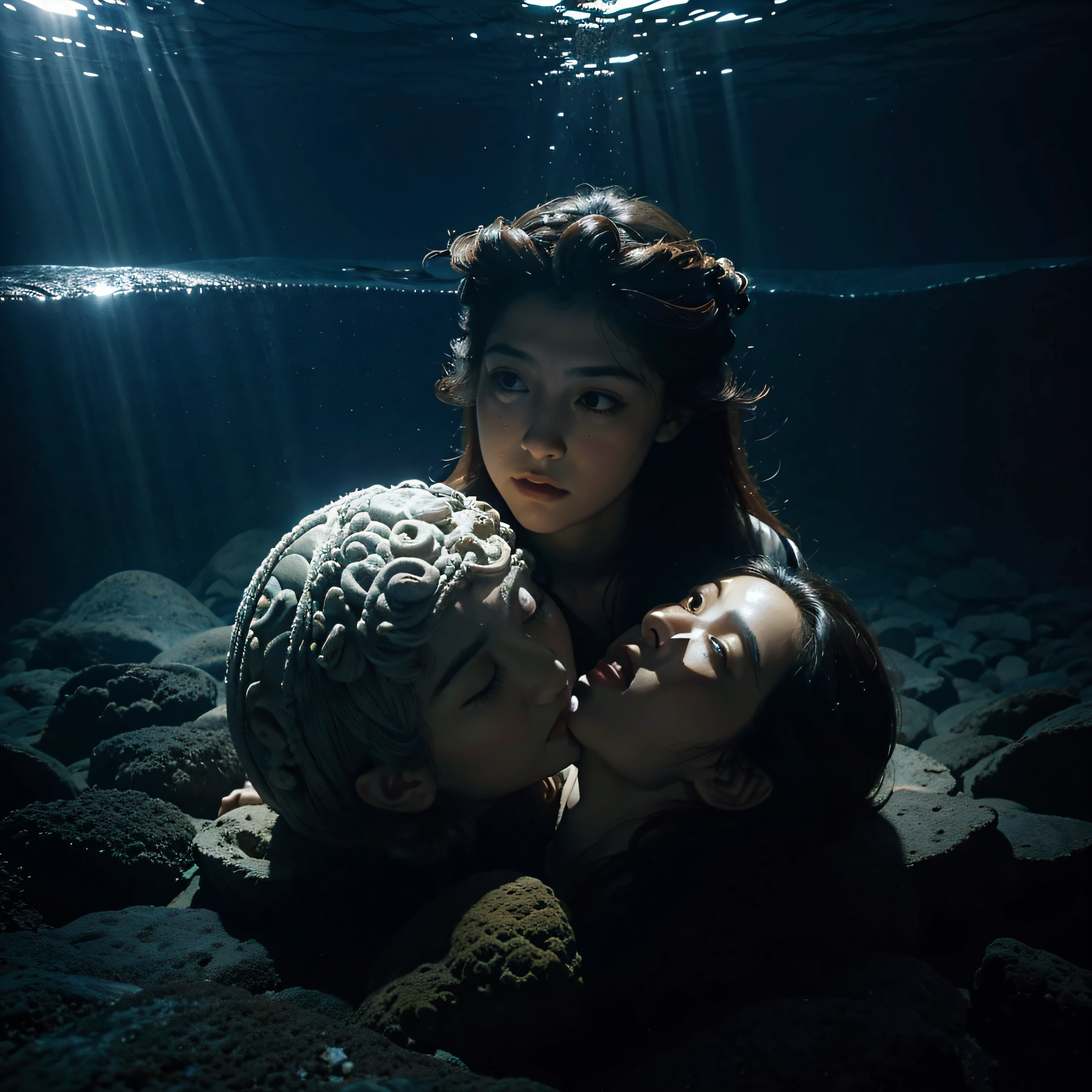 (extremadamente detallado, obra maestra, La mejor calidad, Under the Ocean), Estilo oscuro, volumetric illumination. textura de babosa, piel de caracol. manchas de tinta. Rococo composition. Luz de caravaggio