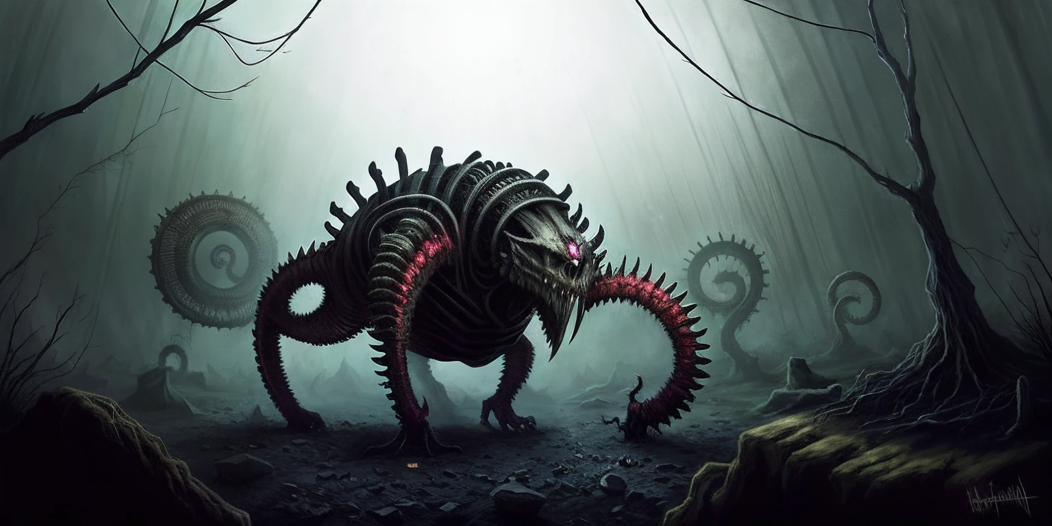 Arte de HR Giger y Beksinski se unen en este detallado, Escena de terror oscura y oscura. The sharp image, 8K resolution rendering with an edge light, It shows a horrible environment full of Lovecraftian elements twisting and pulsating in neon tones. HDR lighting creates intricate, detailed shadows in the context of twisted and changing shapes. As the effects of failure and distortion distort the very fabric of the environment, Surreal and dreamlike elements, like inverted floating structures and close-ups of decaying flesh, create a disturbing and disorienting feeling.. Religious and occult symbols scattered throughout the intricate background add a sense of supernatural horror to this already crazy and horrific masterpiece... Arte femenino
