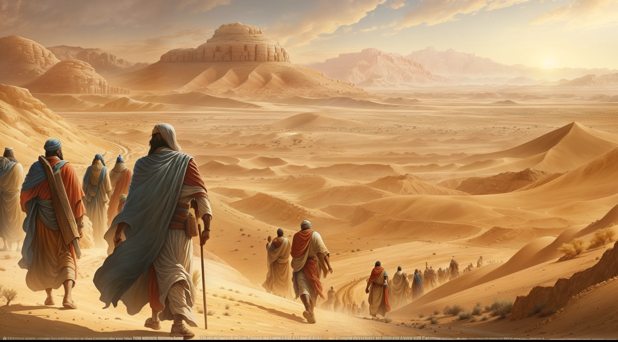 "Arid desert landscape during the Exodus. Moses leading the Hebrew people with hope and determination in search of the promised land."