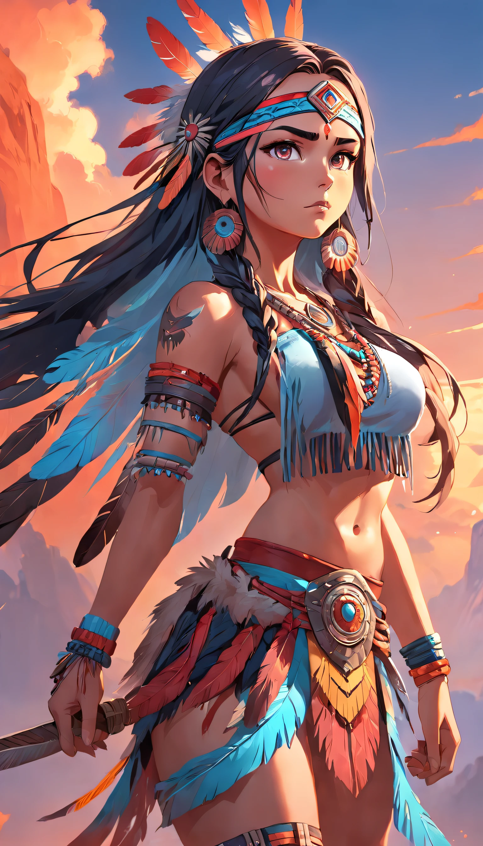 (Full body posing:1.5), (colorful:1.2), Dynamic angle, (extremely detailed CG unity 16k wallpaper:1.1), (Denoising strength: 1.45), (tmasterpiece:1.37), An American Indian warrior young and beautiful lady, 黑The eye, Light American Indian makeup, American Indian tattoo wearing feathered American Indian colored headband ، braid hair, Accessories, Colorful background, the sunset, On horseback, god rays, sparkle, glowing light