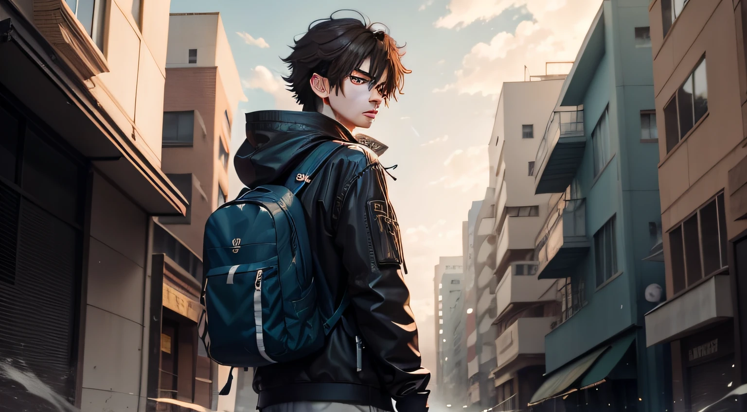 Brunette and backpack looking out the window at anime boy, young anime man, Badass anime 8 K, Anime moe art style, inspirado em Okumura Masanobu, Tall anime guy with blue eyes, Anime art wallpaper 8 K, Guviz-style artwork, style of anime。A lost soul，Brunette boy，Empty city streets，Mist night，Confused eyes，Wandering alone，ragged attire，Gesture of helplessness