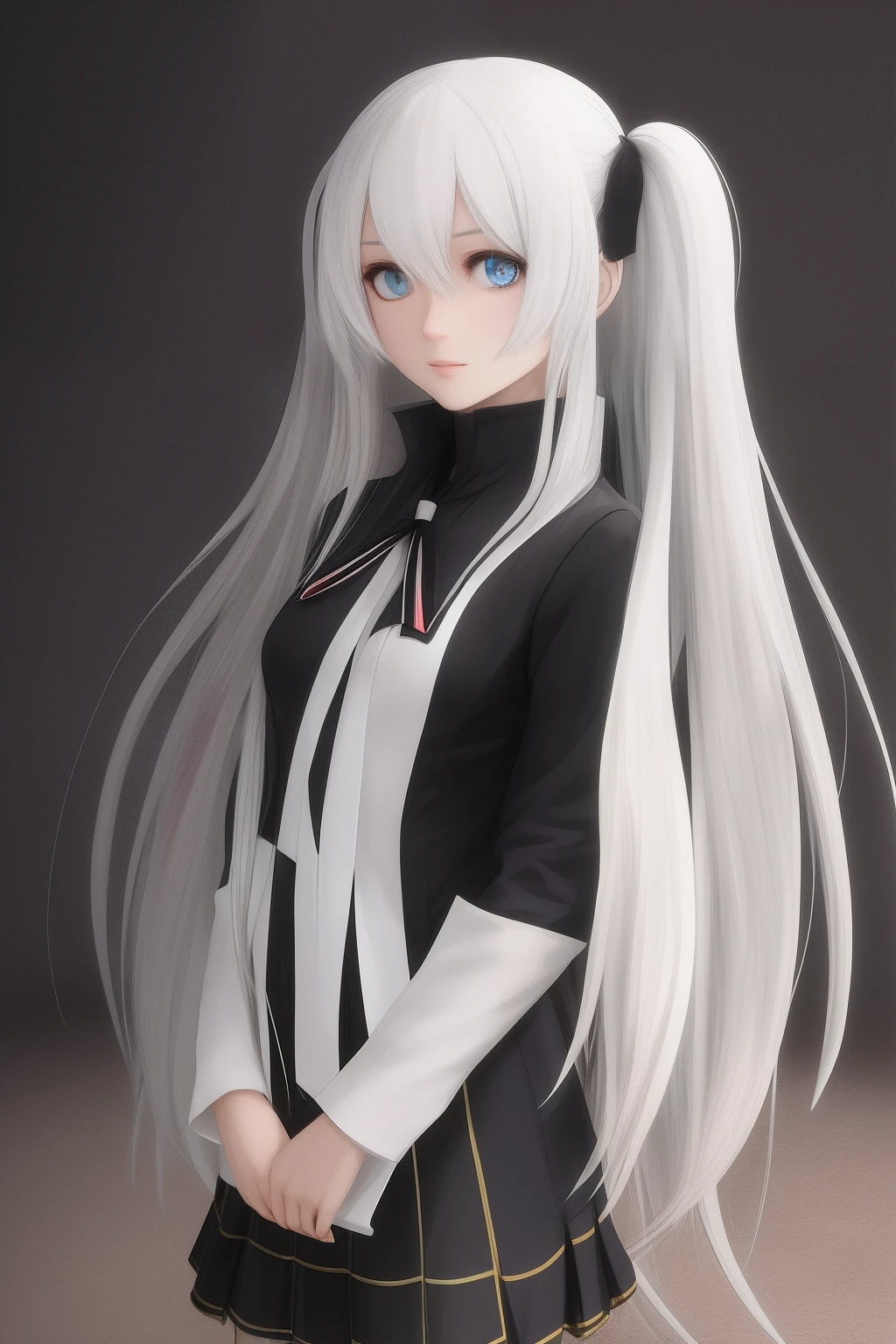 one-girl,Long white hair,The eyes are blue,anime figure,Wearing a black school uniform,3D