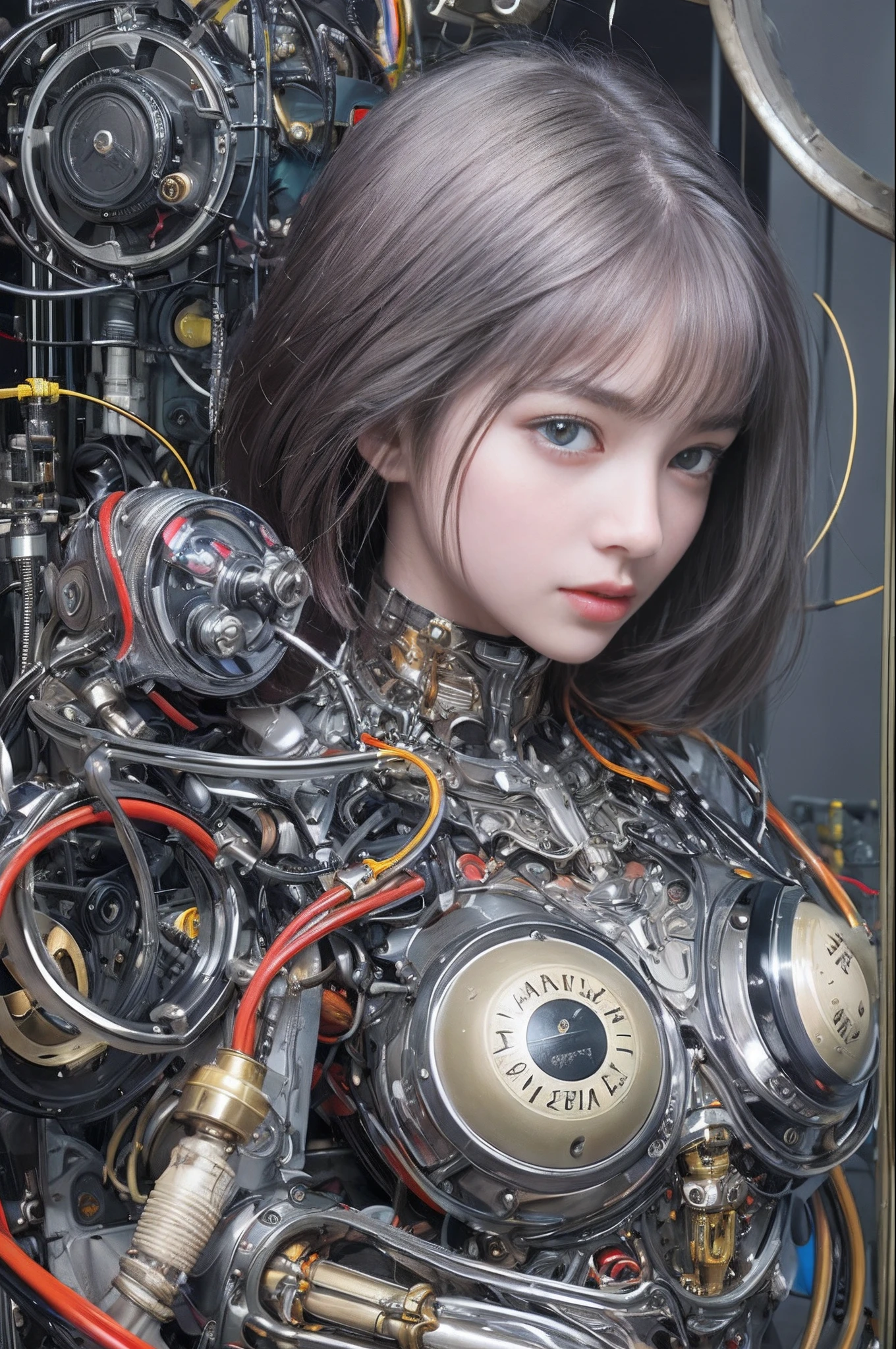 Top Quality, Masterpiece, Ultra High Resolution, (Photorealistic: 1.4), Raw Photo, 1 Girl, Black Hair, Glossy Skin, 1 Mechanical Girl, (Ultra Realistic Details)), Portrait, Global Illumination, Shadows, Octane Rendering, 8K, Ultra Sharp, Glossy Skin, Realistic Skin, Big, Cleavage Exposed Raw Skin, Metal, Intricate Ornaments Details, Art Nouveau details, highly intricate details, realistic light, CGSoation trends, purple eyes, glowing eyes, facing the camera, neon details, mechanical limbs, blood vessels connected to tubes, mechanical vertebrae attached to the back, mechanical cervical attachment to the neck, sitting, wires and cables connecting to the head, analog meters, pressure gauges, vacuum tubes, gears, Small LED lamp, background is a futuristic server room,