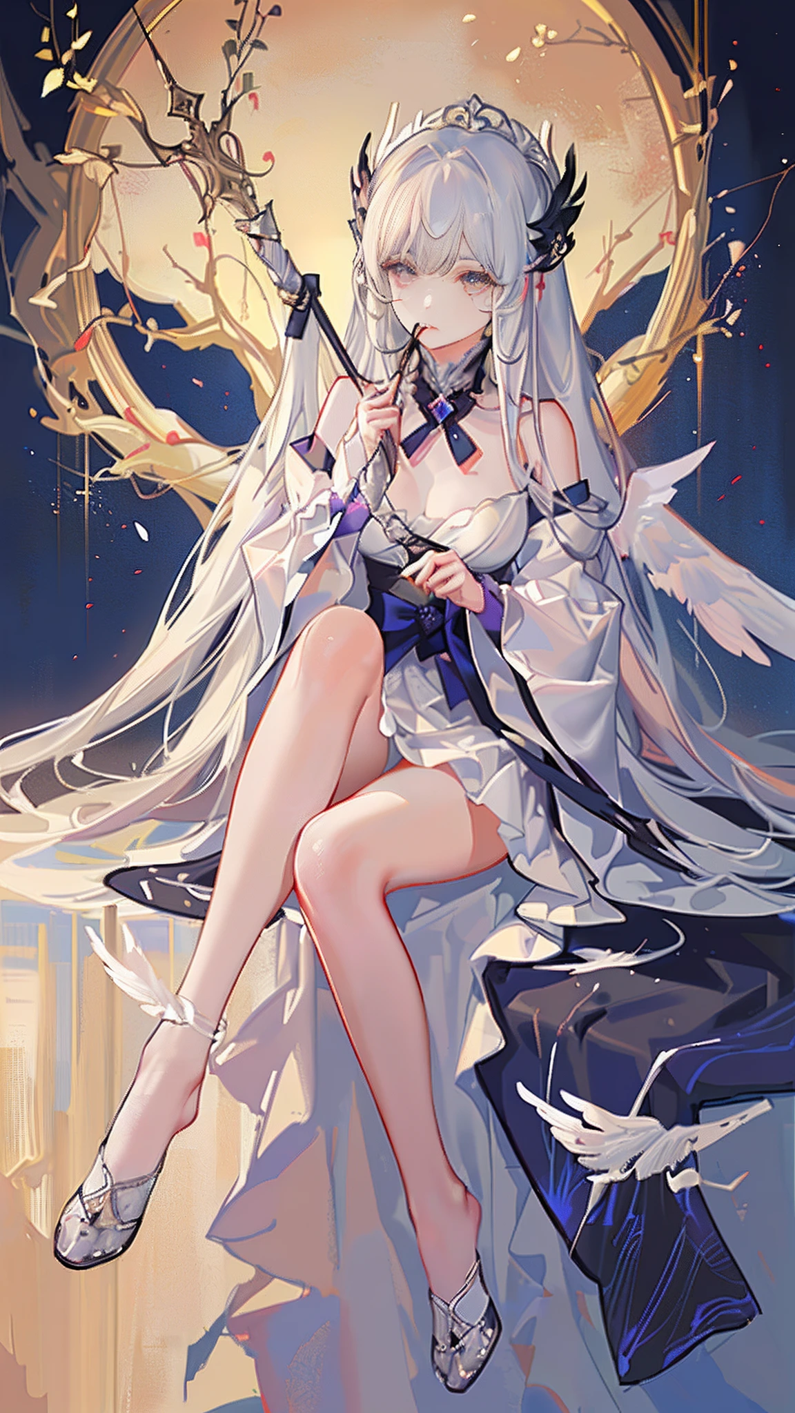 1girl in, 独奏, offcial art, unity 8k wall paper, ultra - detailed, prettify、Aesthetic, tmasterpiece, top-quality, Photorealsitic, A female angel、one white winged、Silver armor、Helmet with feather decoration、Long steel spear、Glowing angel circle、Light magic、depth of fields, Fantastic atmosphere, calm color palette, Tranquil Mood, Soft Shading (zentangle、datura、Tangles、Tangles:0.7) abstract backgrounds、The most beautiful forms of chaos、ellegance、Dark theme designed by brutalists