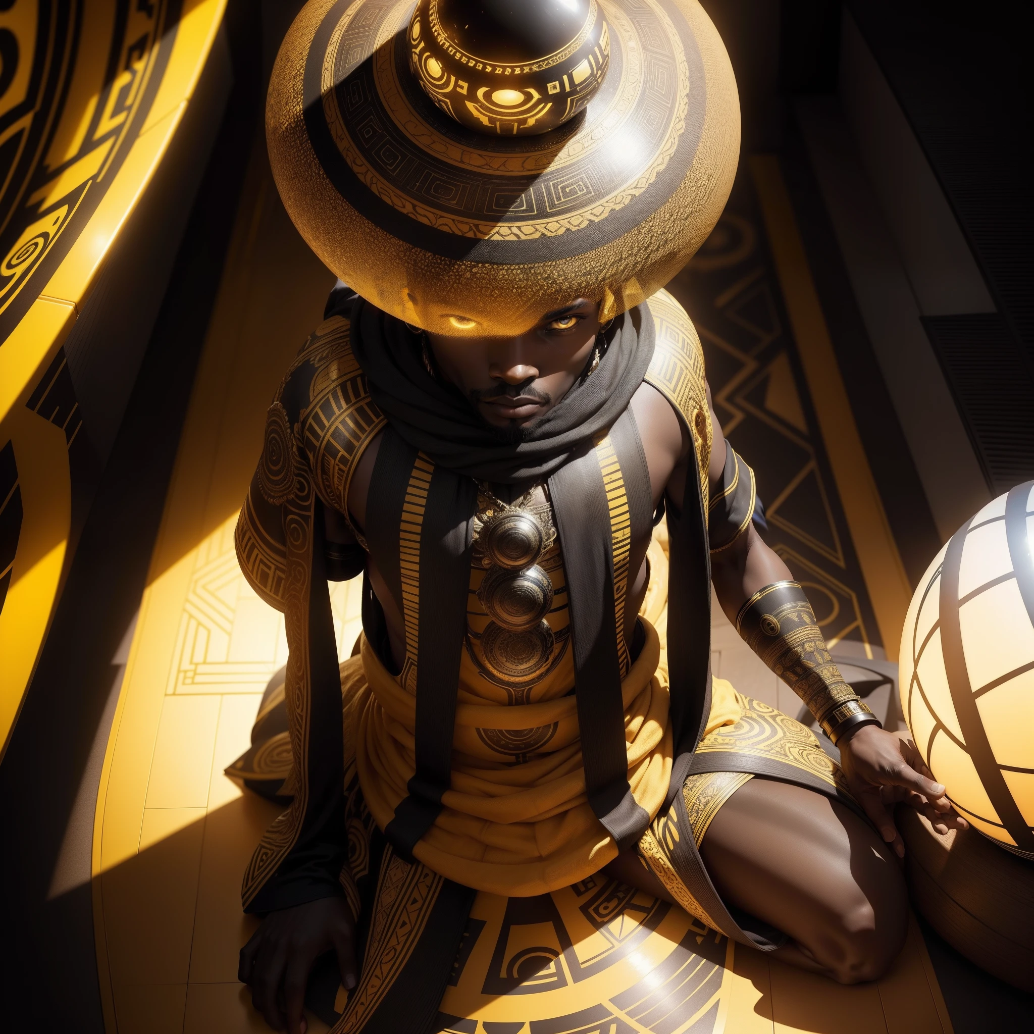 An African man dressed in African clothes sitting on a yellow sphere in a black and white room, black and white room with abstract shapes and stairs, with iridescent light, highly detailed images, vibrant beautiful colours, photorealistic image, 8k, ultra HD, unreal engine rendered, cinematic lighting, artgerm style,