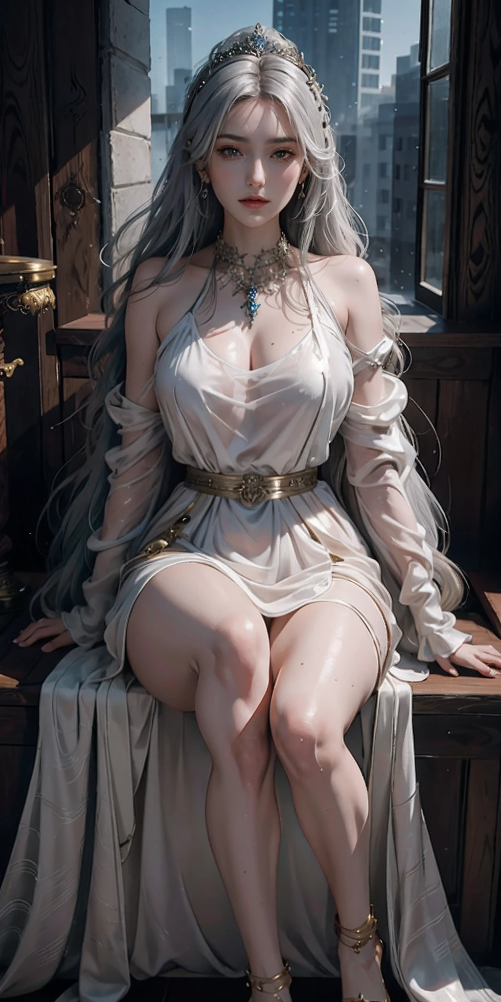 photorealistic, high resolution, soft light,1women, solo, hips up, shinning skin, (detailed face), jewelry, tattoo, Woman in silver see-through dress, Sitting on the golden throne、cross one's legs、Queen's Wand、Real Art Station, Heavy rain scene, detailed fantasy art, Stunning character art, Beautiful exquisite character art, Beautiful gold armor, Extremely detailed, Girl in Shining Armor, Exquisite Intricate Headdress and Jewelry