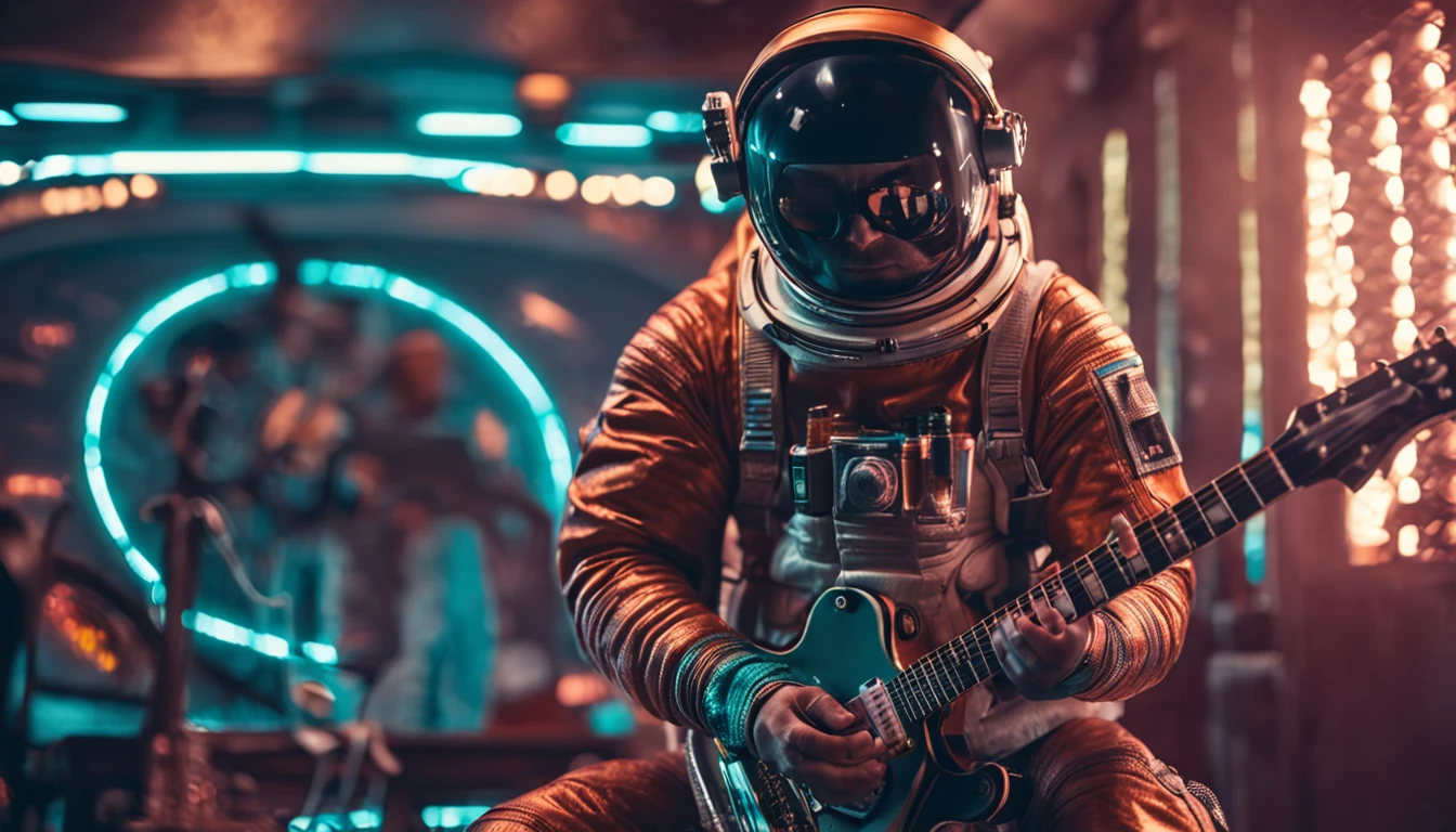 (Detailed description) Astronaut in sunglasses playing an electric guitar of model Les Paul