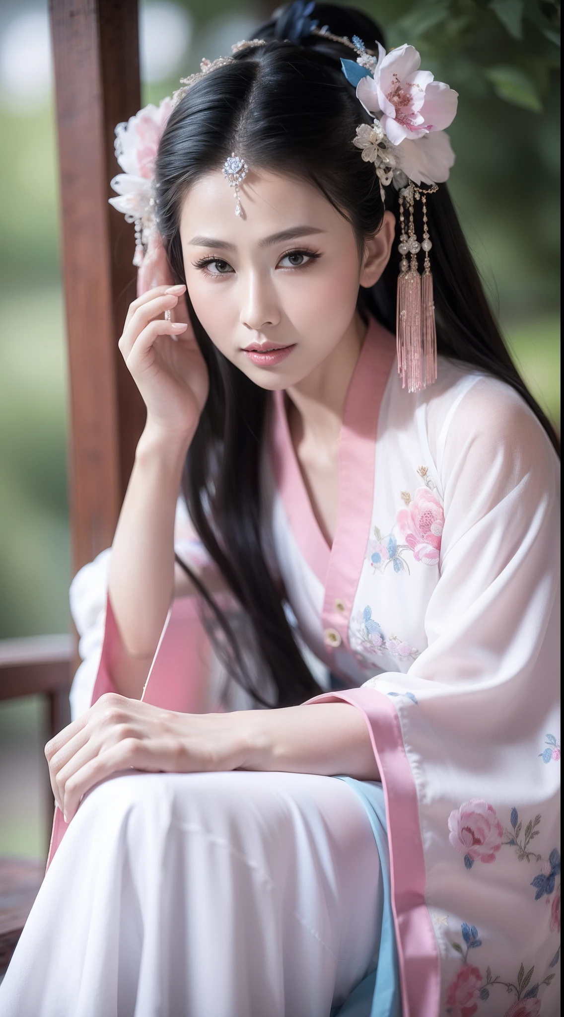 Ancient Chinese clothing，white apparel，The garment is a pink floral pattern，ancient china art style，Fashion model 18 years old [[[[closeup cleavage]]]], [[[[boobgasm]]]], [[[[coll]]]], [[[[bshoulders]]]], perfect  eyes, Perfect iris，Perfect lips，perfect teeth，Perfect skin，with fair skin，Soft front light，hdr，Movie girl，long whitr hair，The expression was melancholy，The background is outdoor，Light blue flowers，4K Ultra HD, 超高分辨率, (Photorealistic: 1.4), Best quality，Masterpiece，Utra dilution，（pastel colour：1.2）