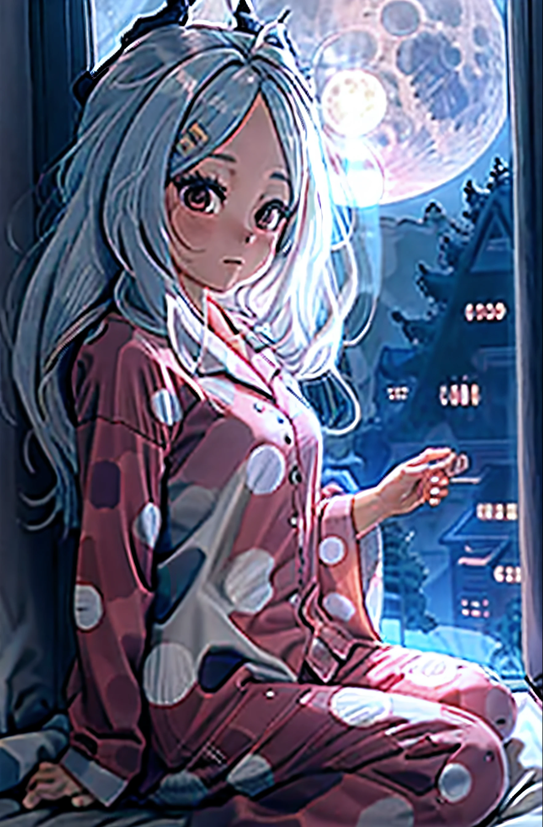 Sorasaki Hina in pajamas and the full moon