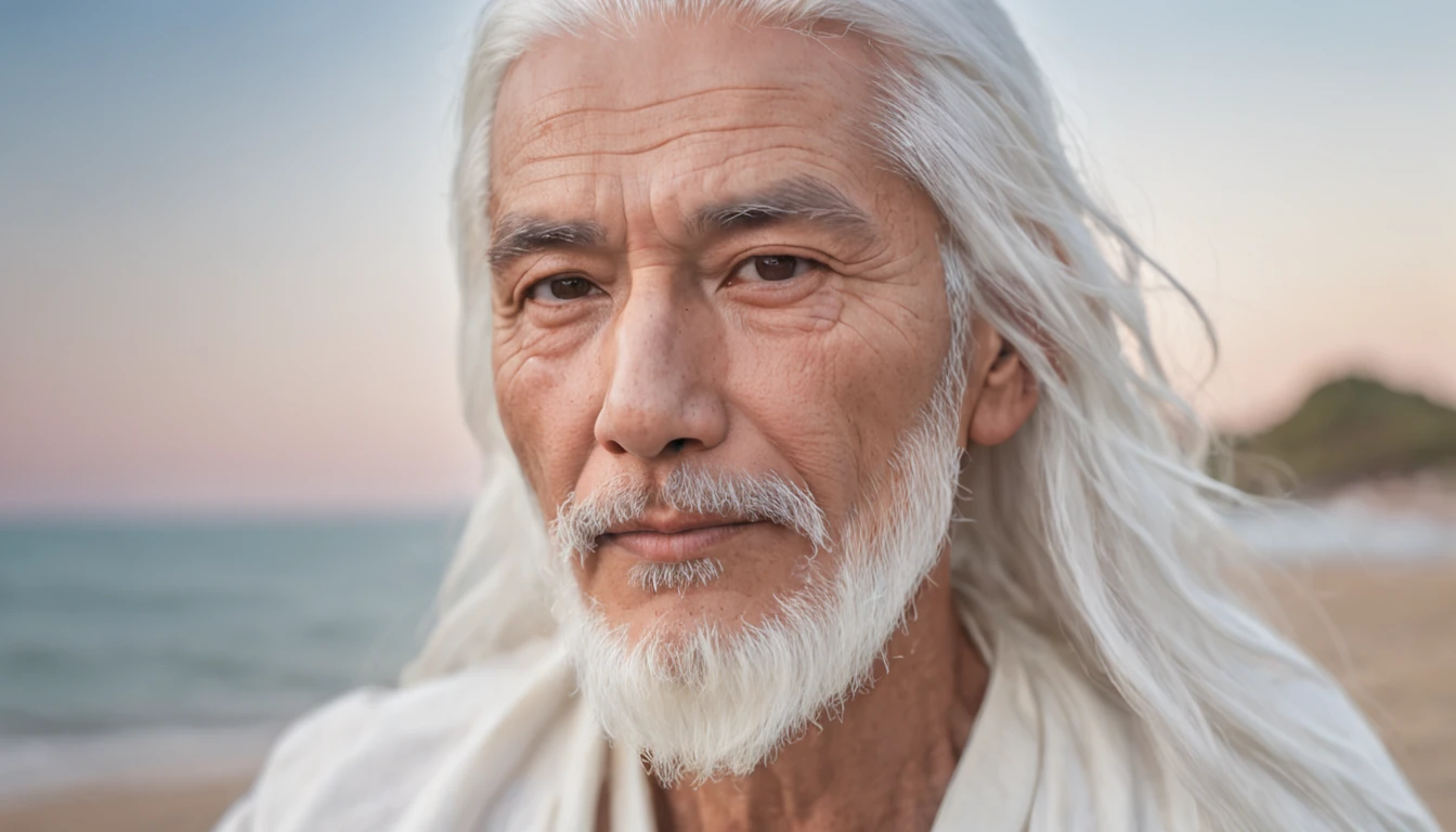 A Wise, Resilient Man with White Hair and Beard on the Beach Tells a Story .Miki Asai Photography, Highly Detailed, Trending on Artstation, Sharp Focus, Studio Shot, Intricate Detail, Highly Detailed, by Greg Rutkowski