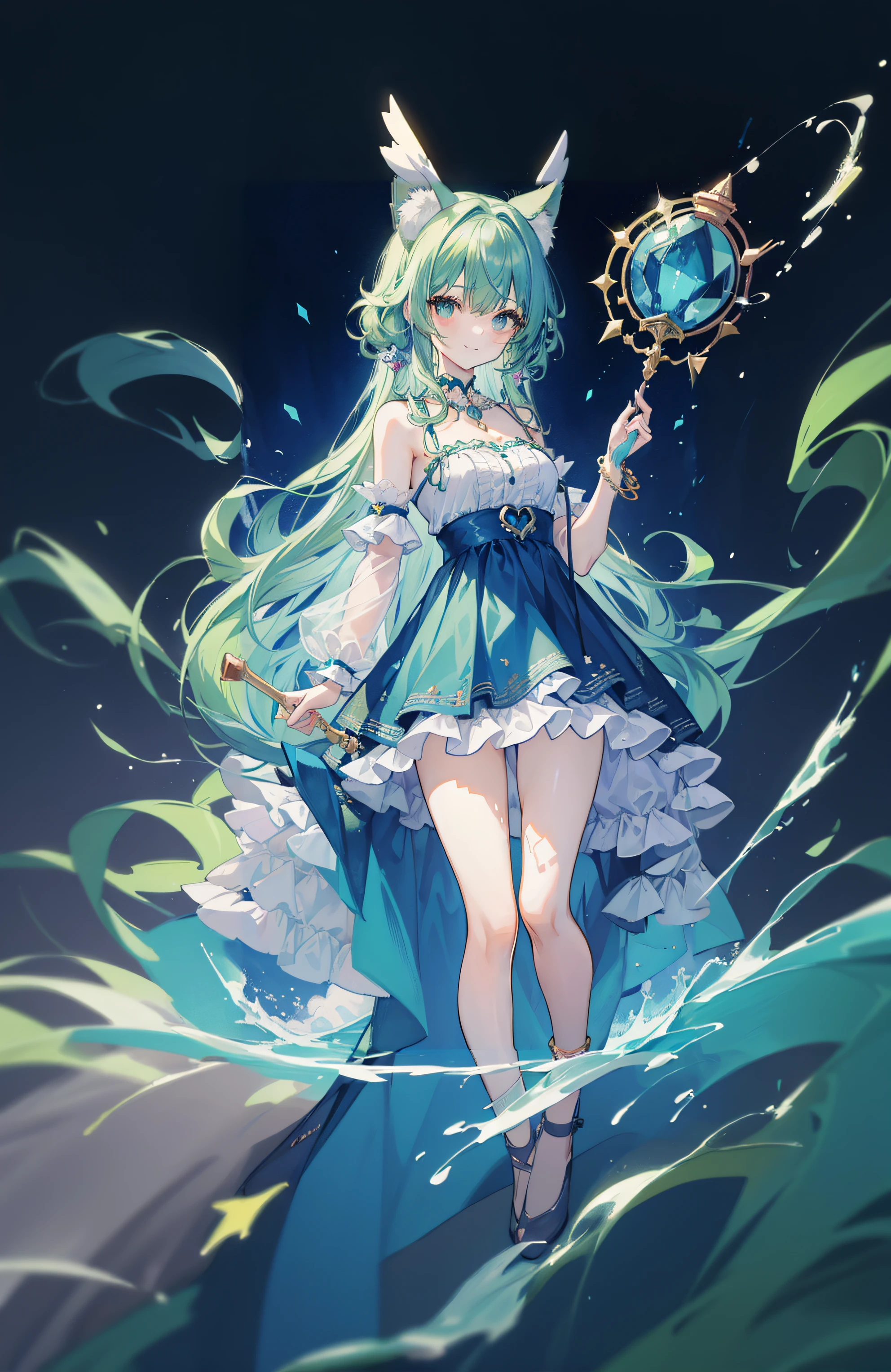 Anime girl with long green hair and blue dress holding a wand, Trending on ArtStation pixiv, anime goddess, Cute anime waifu in a nice dress, digital art on pixiv, beautiful anime art, cushart krenz key art feminine, Detailed key anime art, beautiful anime artwork, splash art anime loli, beautiful fantasy anime, Anime art wallpaper 8k