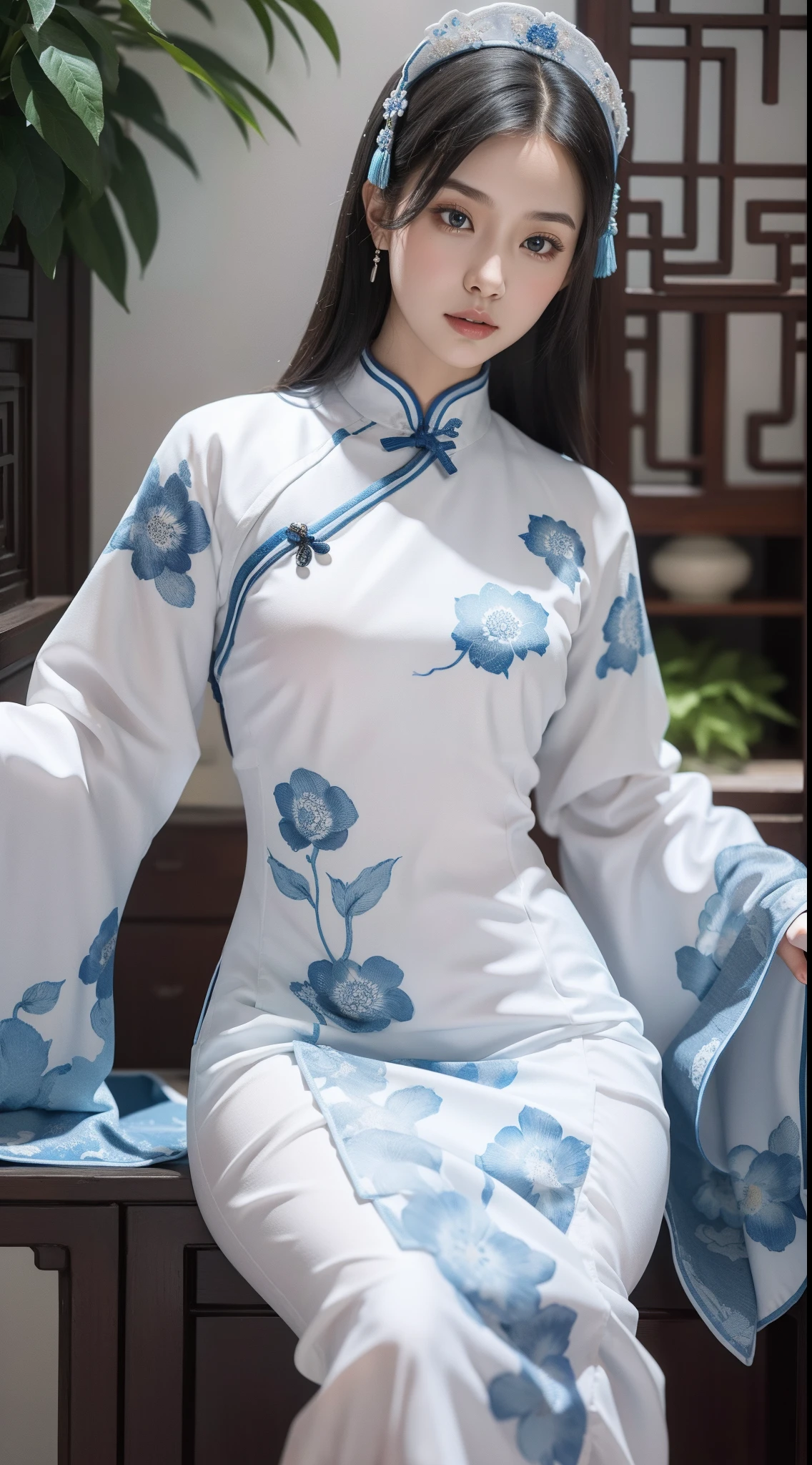 Blue and white porcelain style，Chinese white cheongsam，The white cheongsam is decorated with a blue and white pattern，ancient china art style，Fashion model 18 years old [[[[closeup cleavage]]]], [[[[boobgasm]]]], [[[[coll]]]], [[[[bshoulders]]]], perfect  eyes, Perfect iris，Perfect lips，perfect teeth，Perfect skin，with fair skin，Soft front light，hdr，Movie girl，The expression was serious，The background is an ancient Chinese courtyard，White powder wall，blue flowers，Full body photo，4K Ultra HD, 超高分辨率, (Photorealistic: 1.4), Best quality，Masterpiece，Utra dilution，（pastel colour：1.2）