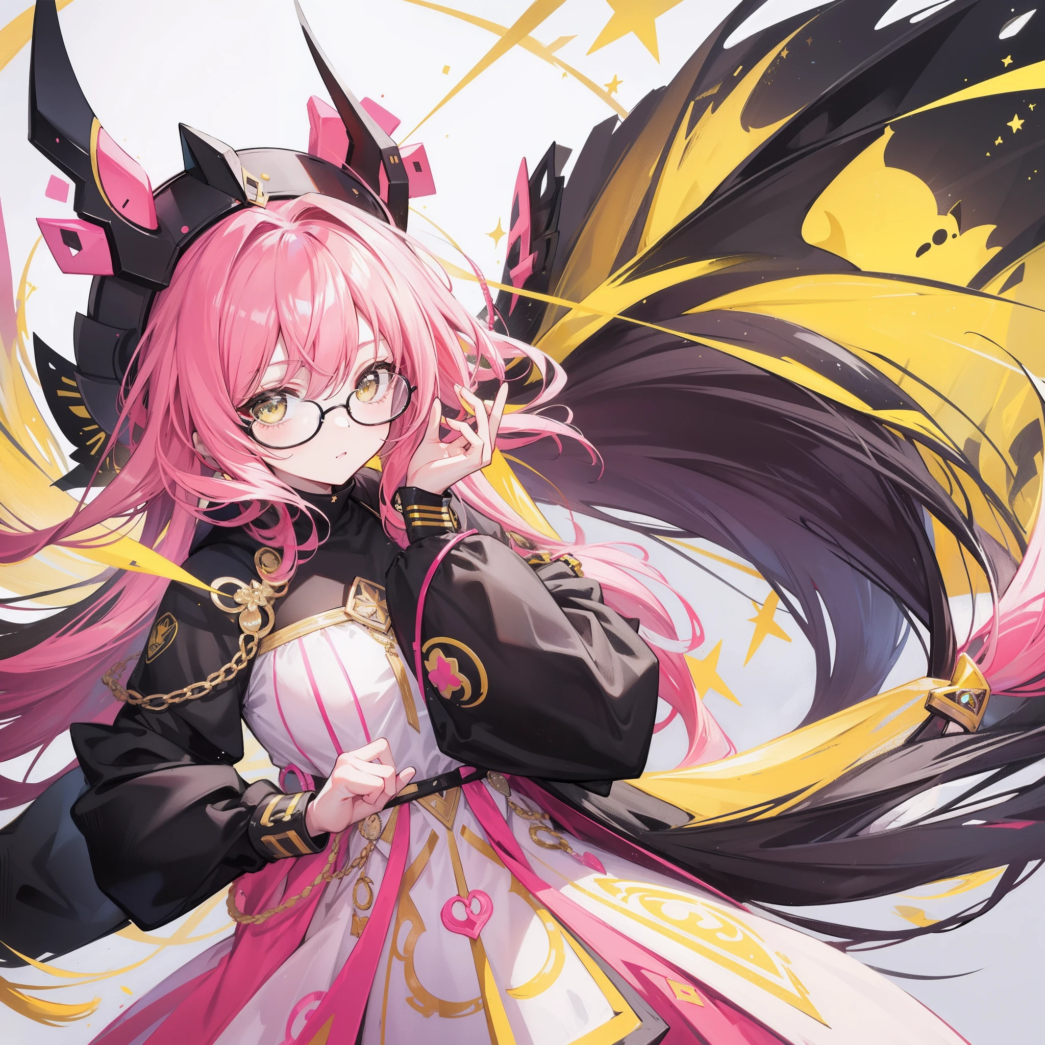 Yellow-pink transparent texture for long hair,Wide black glasses,The face is relatively large,Silly,Looks silly and cute,It's a cute girl