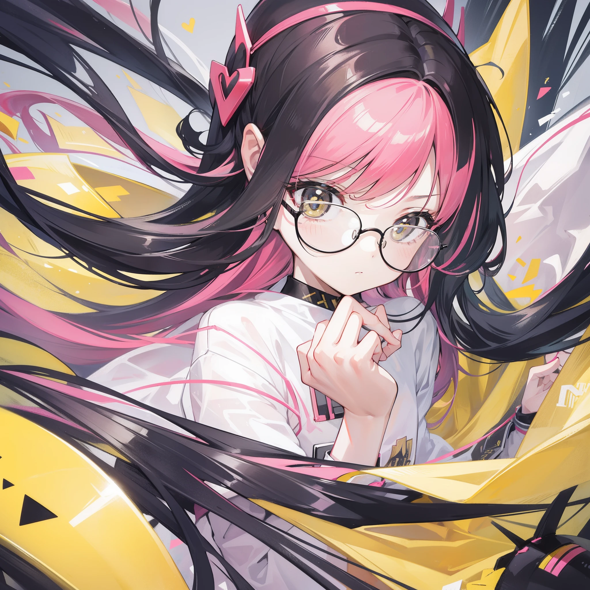 Yellow-pink transparent texture for long hair，Wide black glasses，The face is relatively large，Silly，Looks silly and cute，It's a cute girl