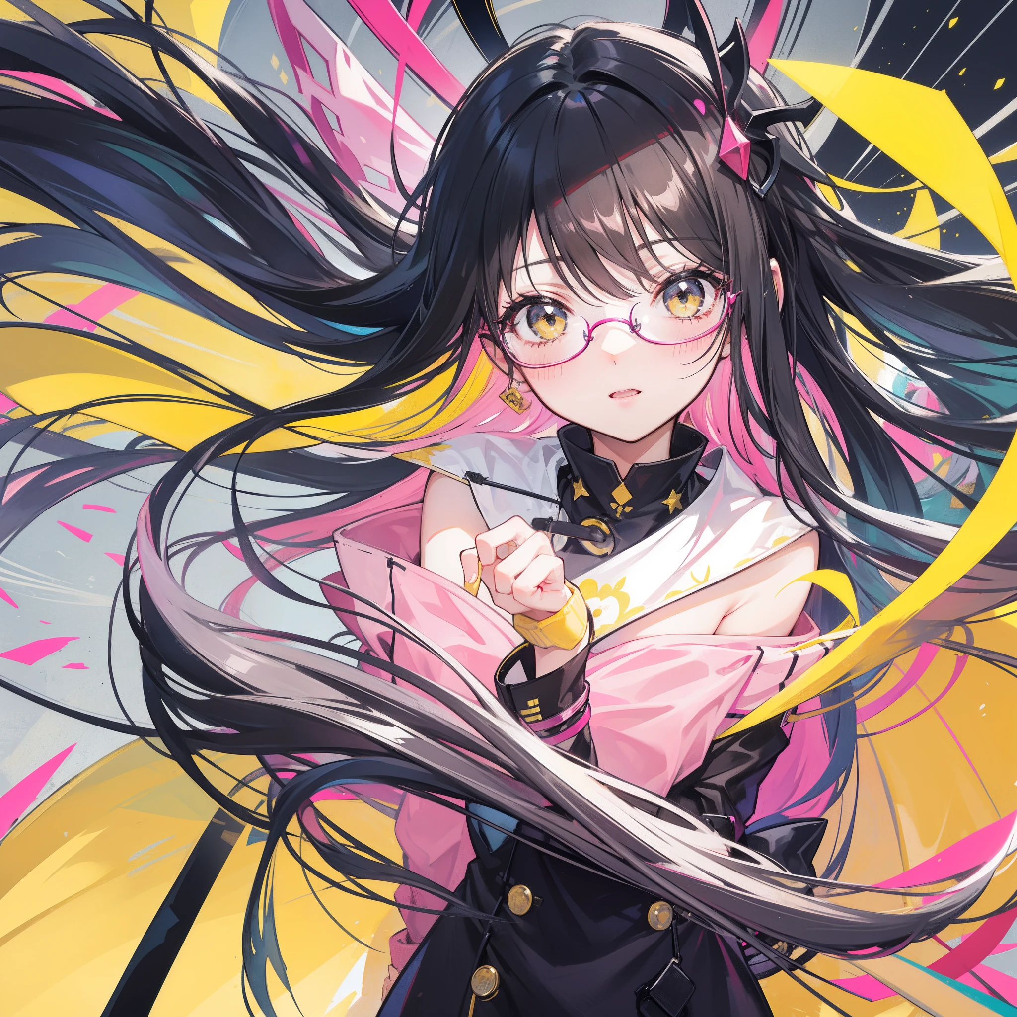 Yellow-pink transparent texture for long hair，Wide black glasses，The face is relatively large，Silly，Looks silly and cute，It's a cute girl