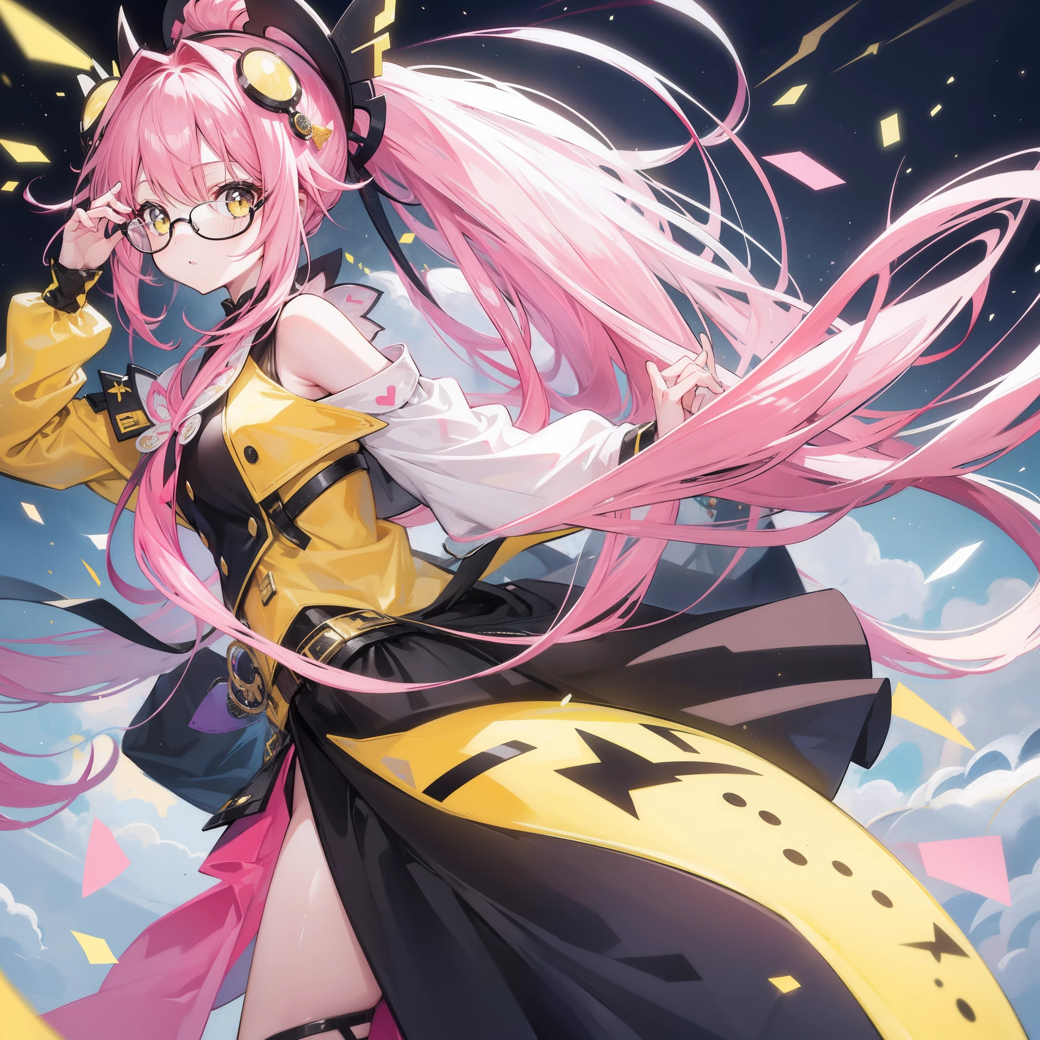 Yellow-pink transparent texture for long hair,Wide black glasses,The face is relatively large,Silly,Looks silly and cute,It's a cute girl