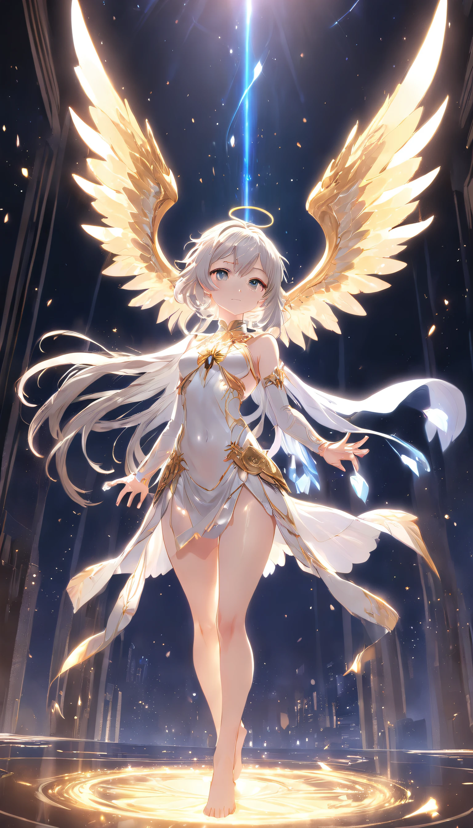 (((1girl))), ((best quality)), ((masterpiece)), ((ultra-detailed)), (illustration), (detailed light), (an extremely delicate and beautiful), (beautiful detailed eyes), (sunlight), ((extremely light)),  ((extremely clothes)), (((hyper detail)))

(((adorable white lingerie))),

high twin pig tails, ((((white silver hair)))), 
(((yellow gold eyes))), 

((angel)), (((angel wings))), ((angel halo)),

(((whole body))), aged 13 to 16, 
(((extra adorable))), (((extra slender shape))), 
(((extremely beautiful detailed face))),
(mischievous smile with sexual satisfaction),  (adorable smile),
(((condescending expression))),

(((jump up high above the magic circle))), (((((Dutch angle))))), 
((())), (from below),
(((extremely thin thighs))), (((white stockings)))