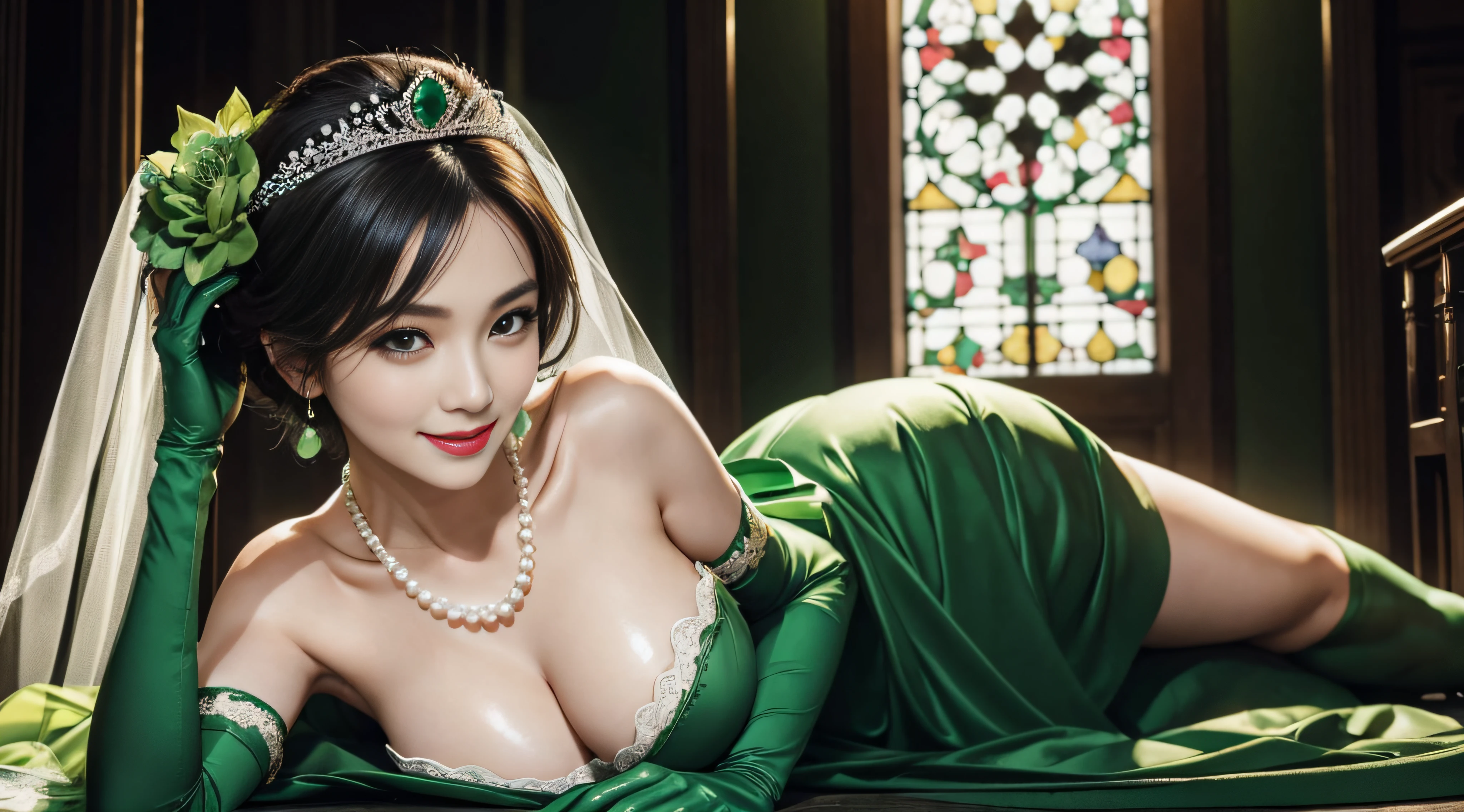 studio lights、depth of fields、The upper part of the body、A slender、cute face、A smile、Beautiful detail eyes、Green Dress Flower Cleanser,Sense of atmosphere, best qualtiy,tmasterpiece,1girll,30-years old,Green dress,Daytime Church,full body Esbian, Green gloves,With short black hair,big breasts beautiful,looking at viewert,ssmile,Green Bridal Veil,Green Long Grove,Satin green long gloves, lipsticks, Pearl Necklace、Green gloves, emerald tiara, A Japanese Lady