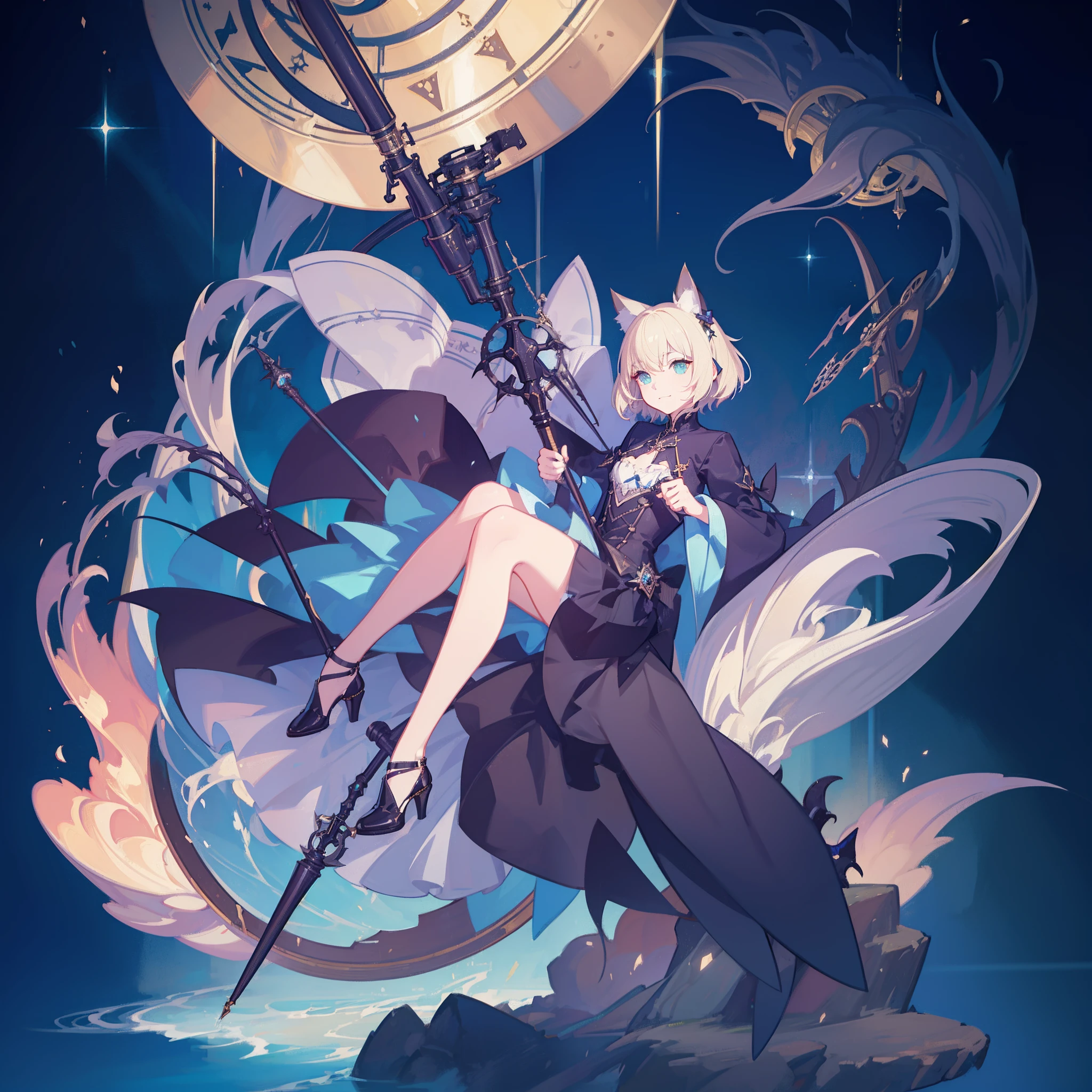 top-quality、high-detail、Realist painting、fully body photo、High Fantasy、steampunc、Immersive screen configuration、epicd、Leyendecker's style、Aqua Garden、1 Nordic beautiful girl、Smirking expression、Pretty small face、Light makeup、Cat ears on the head、Platinum blonde short hair、Medium chest、A little bigger ass、slightly thicker thighs、alchemist、Holding a magic wand in both hands、Gothic dress with long sleeves、long  skirt、Black stockings、Leather shoes、Lots of brass machines、Gigantic Cogwheel、crank、pipes、steams、Airship landing、thirds rule