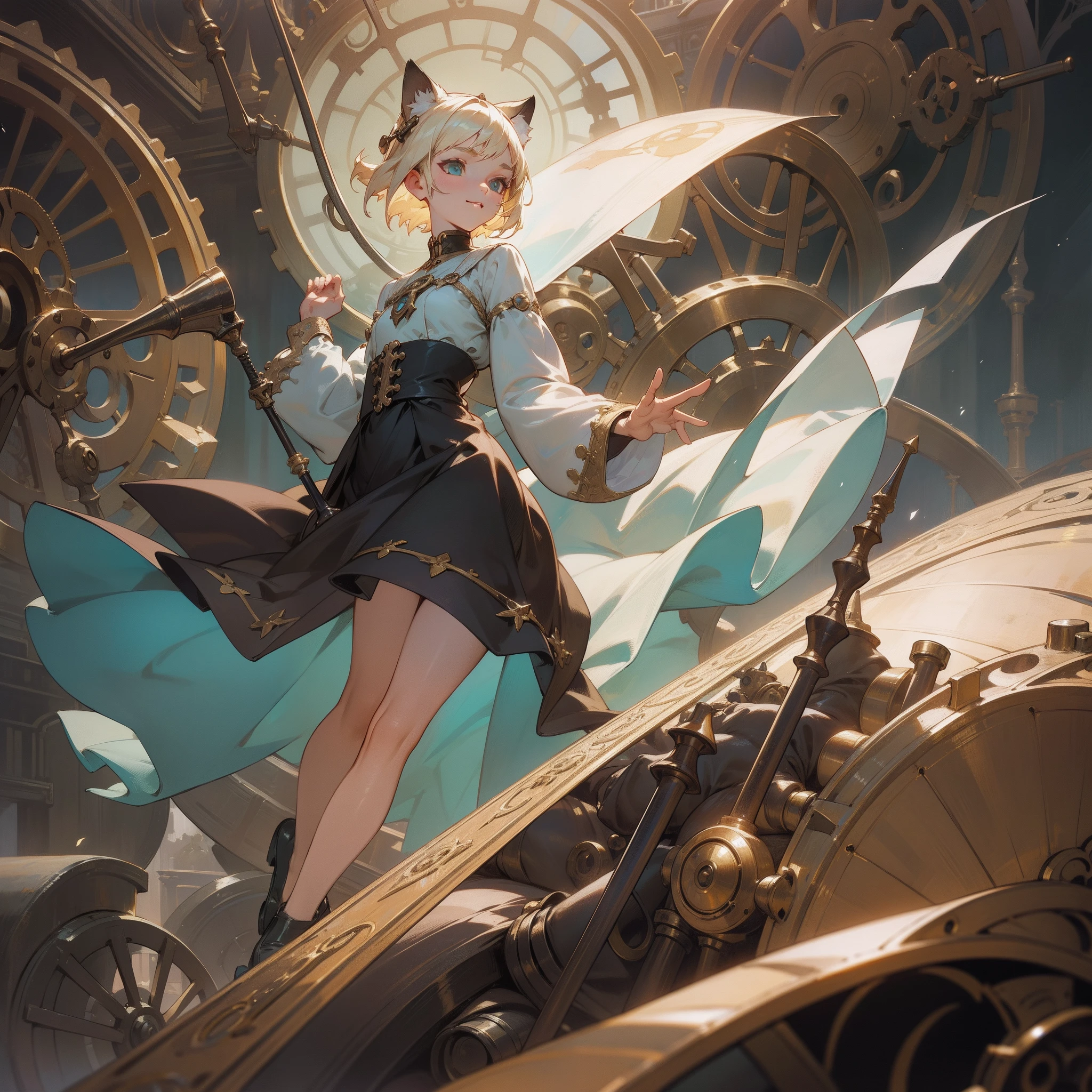 top-quality、high-detail、Realist painting、fully body photo、High Fantasy、steampunc、Immersive screen configuration、epicd、Leyendecker's style、Aqua Garden、1 Nordic beautiful girl、Smirking expression、Pretty small face、Light makeup、Cat ears on the head、Platinum blonde short hair、Medium chest、A little bigger ass、slightly thicker thighs、alchemist、Holding a magic wand in both hands、Gothic dress with long sleeves、long skirt、Black stockings、Leather shoes、Lots of brass machines、Gigantic Cogwheel、crank、pipes、steams、Airship landing、thirds rule