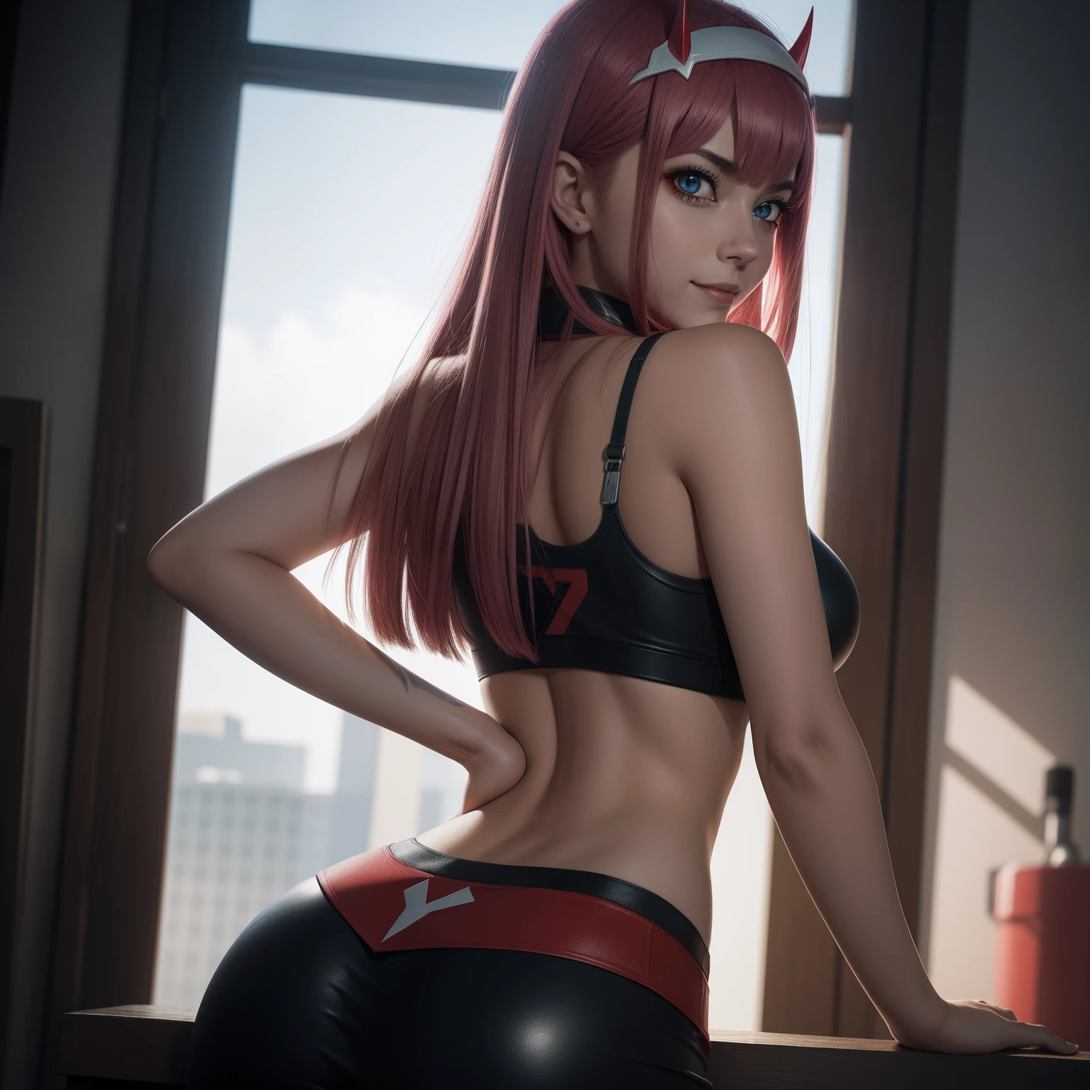 ((Zero Two Darling en el Franxx)), 8k, ((view from behind)), Obra maestra, smile to camera, La mejor calidad, fotorrealista, Ultra detallado, 1 girl, textura realista de la piel, senos grandes, Mira hacia el espectador, , Camiseta suelta medio corte,, Underboobs, Underboobs, Micro mini falda, , movie lighting, Enfoque facial, Ojos delgados, Cara detallada, Cara bien iluminada, Rayos, Baile Cyberpunk, Low-angle shot, Vista desde abajo