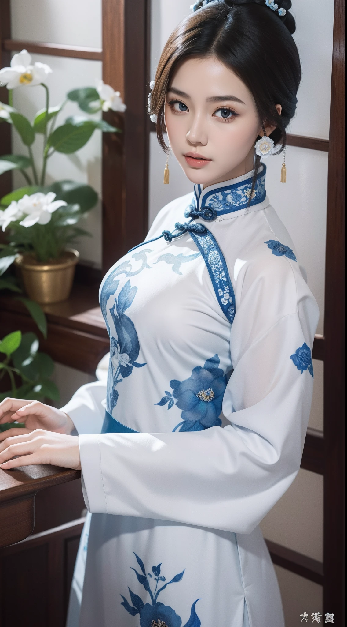 Blue and white porcelain style，Chinese white cheongsam，The white cheongsam is decorated with a blue and white pattern，ancient china art style，Fashion model 18 years old [[[[closeup cleavage]]]], [[[[boobgasm]]]], [[[[coll]]]], [[[[bshoulders]]]], perfect  eyes, Perfect iris，Perfect lips，perfect teeth，Perfect skin，with fair skin，Soft front light，hdr，Movie girl，The expression was serious，The background is an ancient Chinese courtyard，White powder wall，blue flowers，Full body photo，4K Ultra HD, 超高分辨率, (Photorealistic: 1.4), Best quality，Masterpiece，Utra dilution，（pastel colour：1.2）