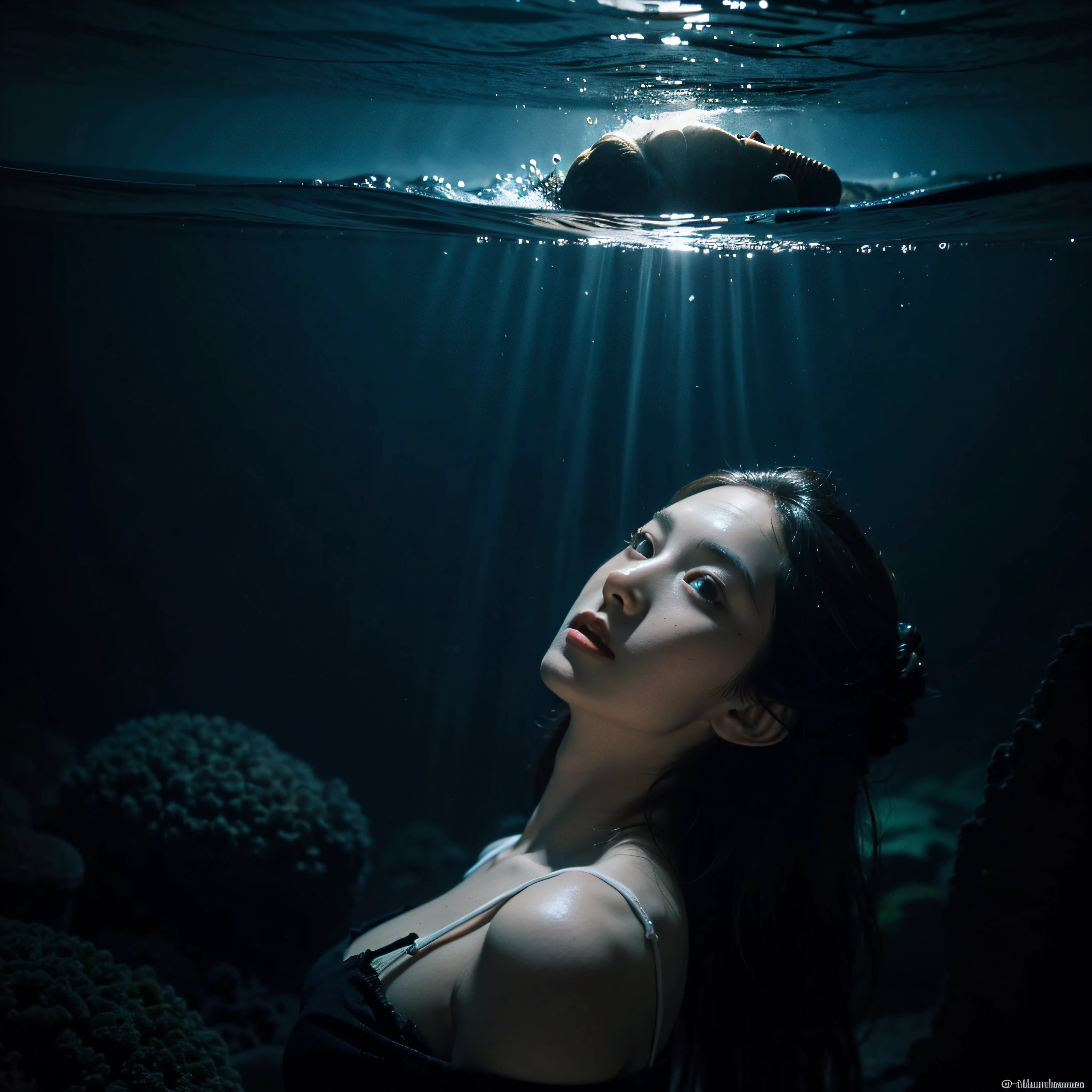 woman, black hair, mermaid type, mythological being, underwater, looking at the camera, photorealistic