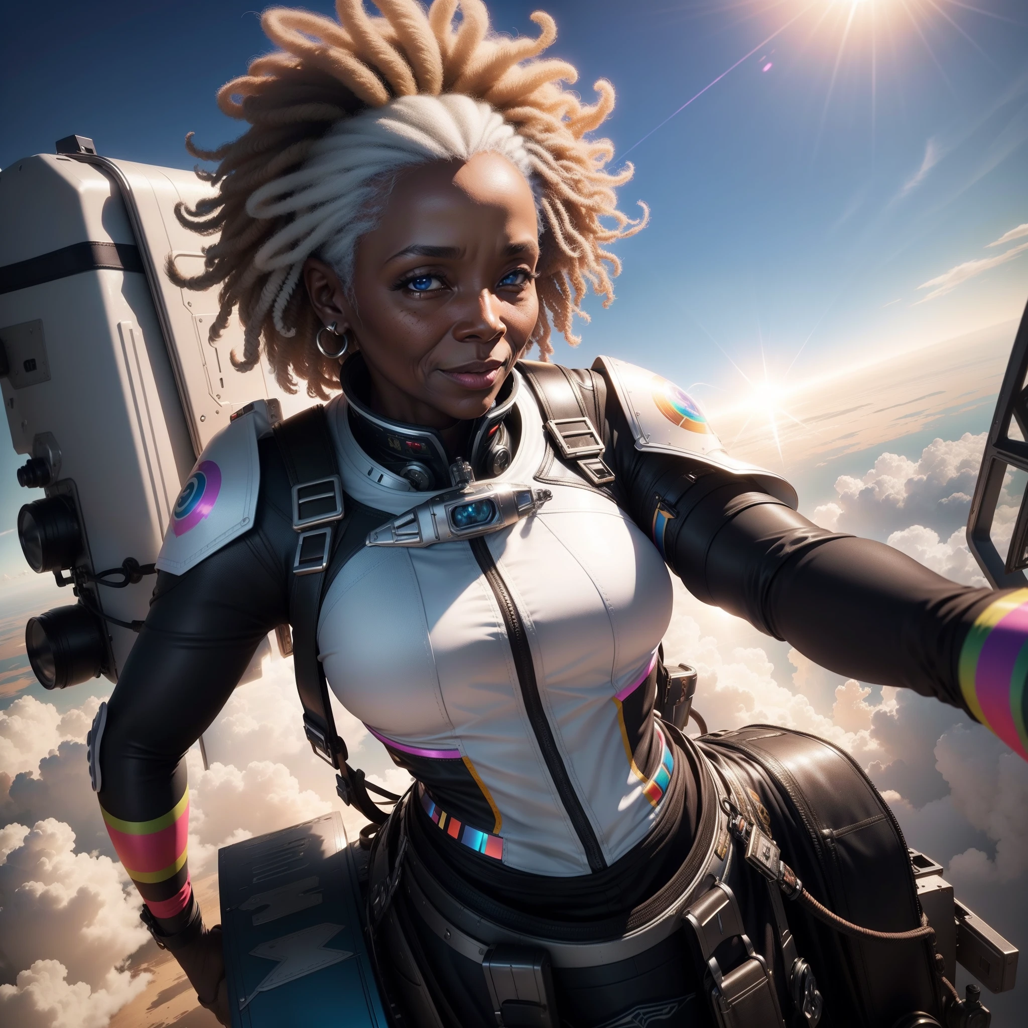 An elderly black woman dressed in African design clothes flying on a jetpack in the sky while taking a selfie, surrounded by clouds with the sunlight piercing through, with iridescent light, highly detailed images, vibrant beautiful colours, photorealistic image, 8k, ultra HD, unreal engine rendered, cinematic lighting, artgerm style,
