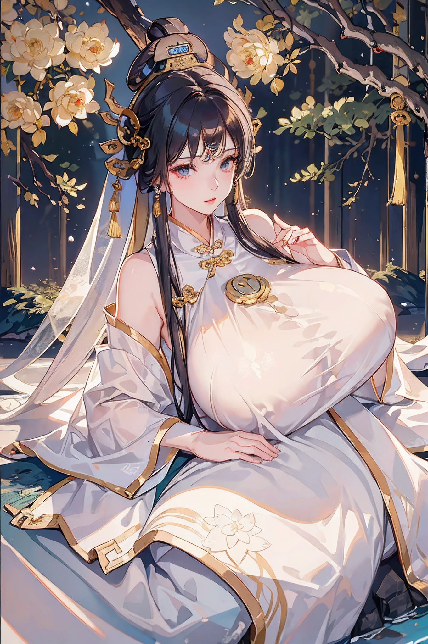 Best picture quality，8K, )，(Close-up)，(Han clothing, Hanfu :1.5)，(Guanyin Bodhisattva)，，White silk robe，white legwear，white ribbons，White veil，pale white face，Long dark hair，Black pupils，Meditate cross-legged，（（super gigantic breasts）)， mothers，((Minimalist style，White lotus background))，，{26-year-old lactating woman}， (Huge breasts:1.6), (Areola:1.4)，ssmile，In a tea house，east asian architecture