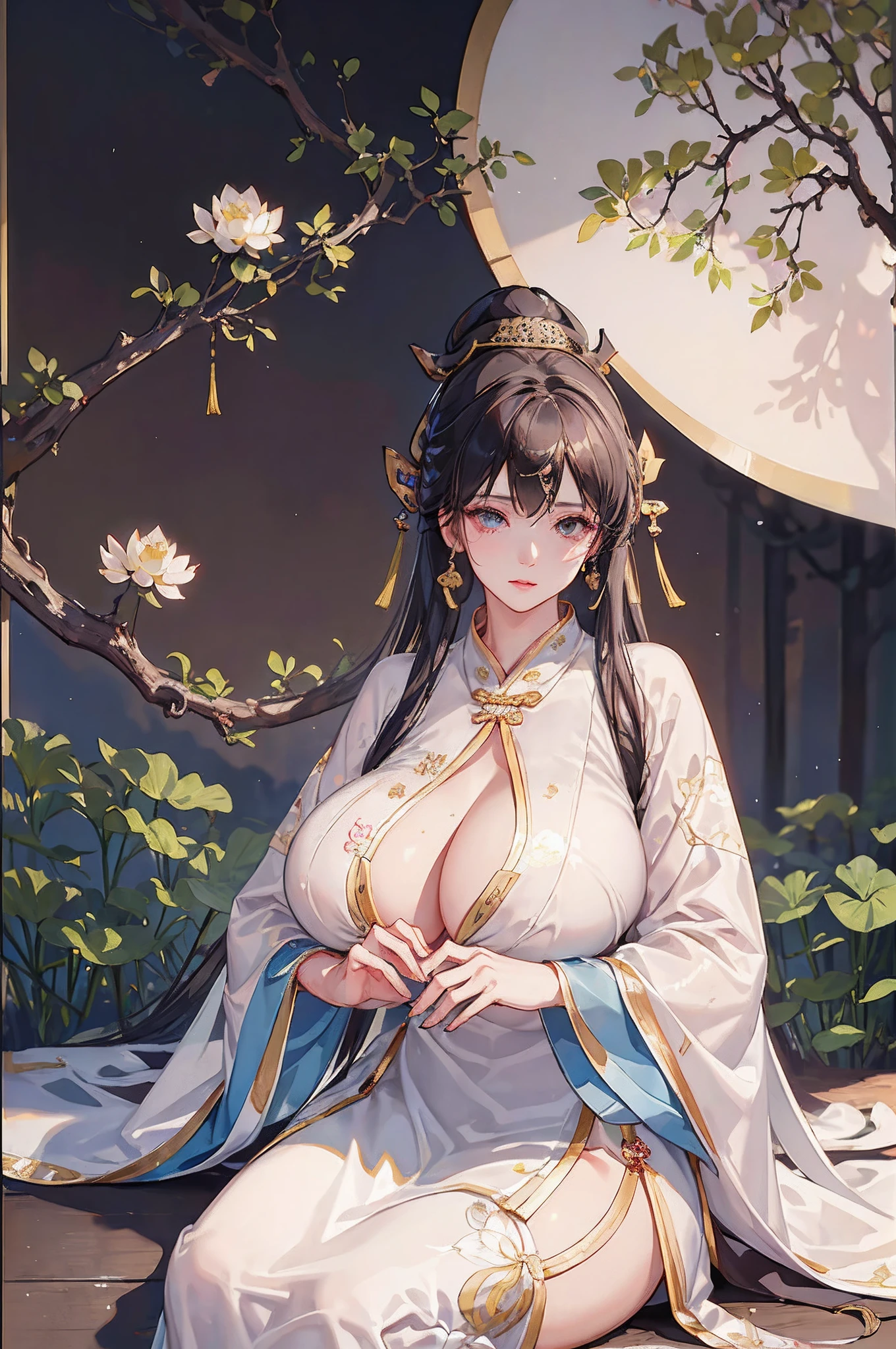 Best picture quality,8K, ),(Close-up),(Han clothing, Hanfu :1.5),(Guanyin Bodhisattva),,White silk robe,white legwear,white ribbons,White veil,pale white face,Long dark hair,Black pupils,Meditate cross-legged,((super gigantic breasts)), mothers,((Minimalist style,White lotus background)),,{26-year-old lactating woman}, (Huge breasts:1.6), (Areola:1.4),ssmile,In a tea house,east asian architecture