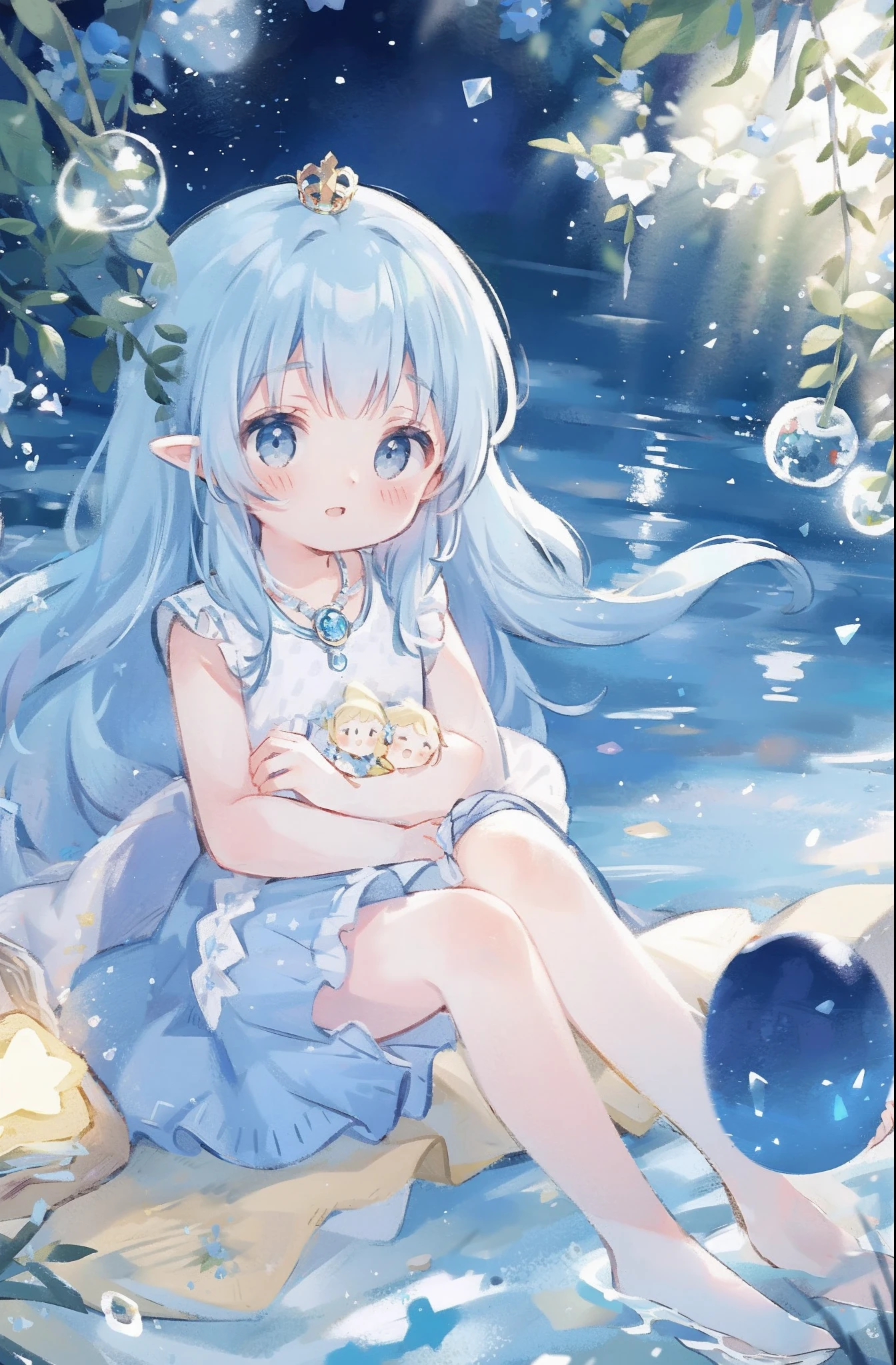 The crown woven with golden silk thread is worn in the ice blue hair, pointy ears, young girl, good face, blue crystal pendant necklace, full white chest, water blue long skirt, exquisite and gorgeous, The skirt has small pendants in the shape of water droplets made of various gemstones, illustration, masterpiece, fantasy, blue flowers, lakeside, movie lens, strong light and shadow