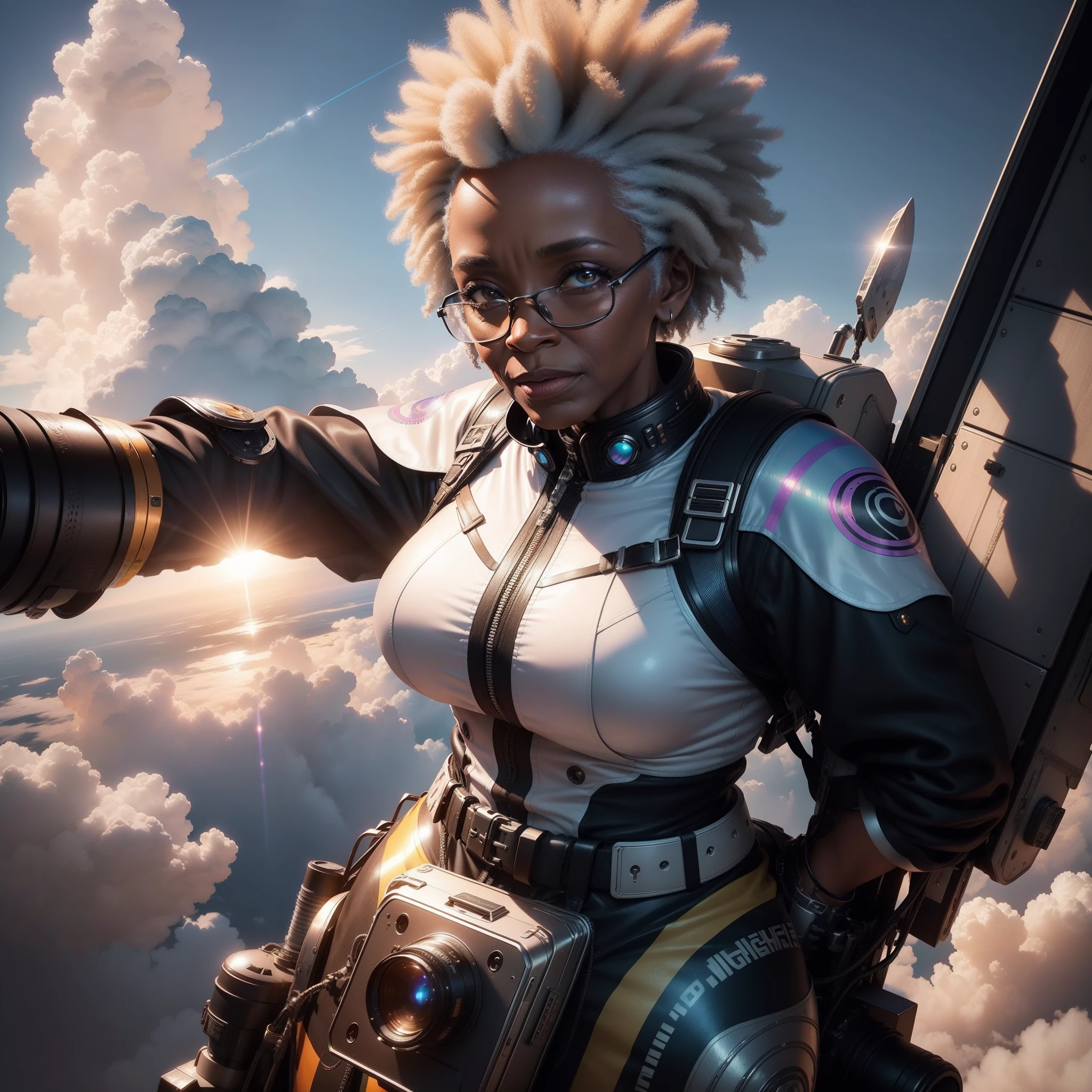 An elderly black woman dressed in African design clothes flying on a jetpack in the sky while taking a selfie, surrounded by clouds with the sunlight piercing through, with iridescent light, highly detailed images, vibrant beautiful colours, photorealistic image, 8k, ultra HD, unreal engine rendered, cinematic lighting, artgerm style,