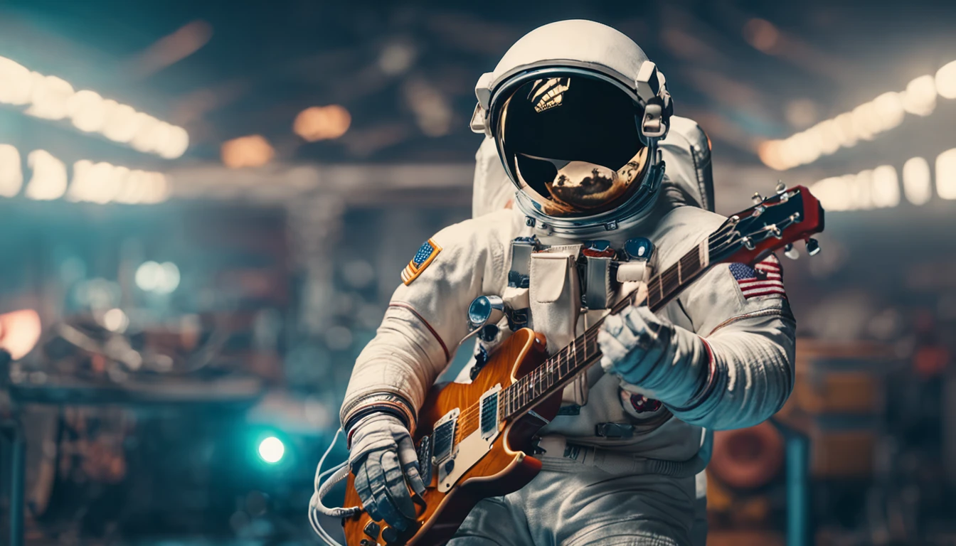 (Detailed description) Astronaut in sunglasses playing an electric guitar of model Les Paul