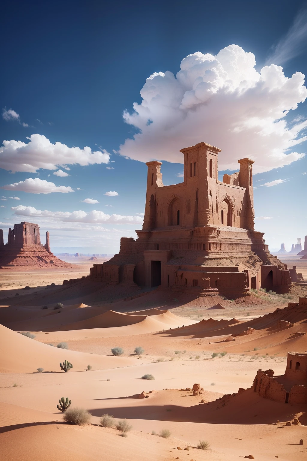 araffes in the desert with a blue sky and clouds, style Such as like the battle in the background (which was ended) with a dark smoke cloud Temple far from nd also theirs's a temple in cover of sand ruins of monument valley, monument valley landscape, monument valley, american west scenery, monumental mountains, desert mesa, chiseled formations, ancient epic tower in the desert, landscape photo, by Arnie Swekel, facinating and imposing, by Don Reichert, by Linda Sutton, arizona desert