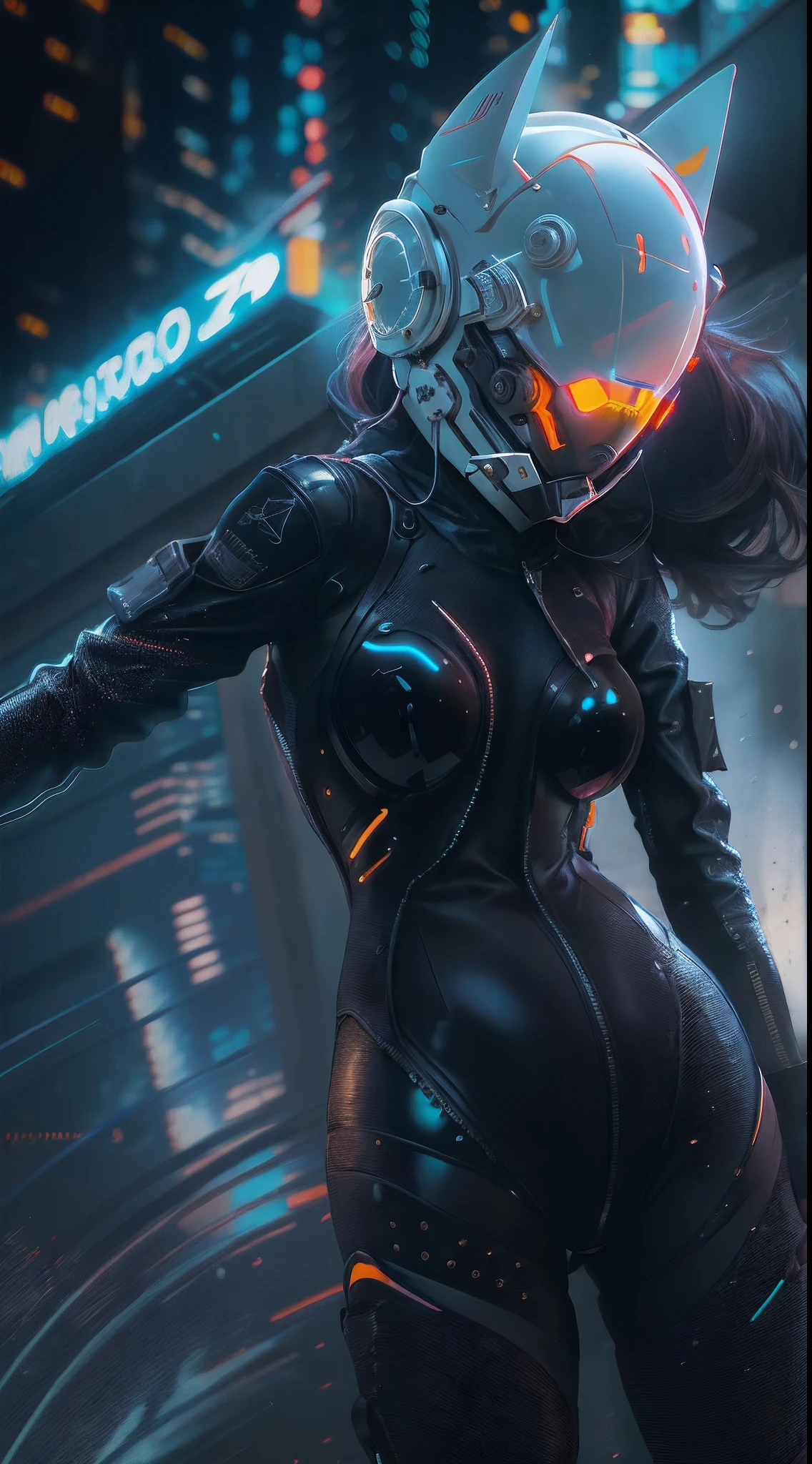 solo, Raw photo, realistic, masterpiece, best quality, high resolution, ultra detailed, offical arts, unity 8K wallpaper, offical wallpaper,  moody atmosphere, chiaroscuro, celty, 1girl,1female, helmet, bodysuit, black bodysuit, skin tight, biker clothes, animal ears, bikesuit, leather, large breasts, night, moonlight, gloves, (((unzipping))), innerboob, pose, a person in a cyberhelmet, white cyberhelmet, fantastic, close up, motion lines, buttom up top down,  bent over, hyper detailed, neon lights, neon colors, cyberpunk, reflections, shining, sparks,   shy and seductive posture arching your back down,