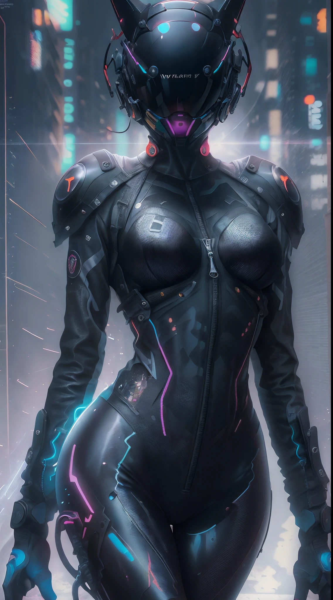 solo, Raw photo, realistic, masterpiece, best quality, high resolution, ultra detailed, offical arts, unity 8K wallpaper, offical wallpaper, moody atmosphere, chiaroscuro, celty, 1girl,1female, helmet, bodysuit, black bodysuit, skin tight, biker clothes, animal ears, bikesuit, leather, large breasts, night, moonlight, gloves, (((unzipping))), innerboob, pose, a person in a cyberhelmet, white cyberhelmet, fantastic, close up, motion lines, buttom up top down, bent over, hyper detailed, neon lights, neon colors, cyberpunk, reflections, shining, sparks, shy and seductive posture arching your back down,