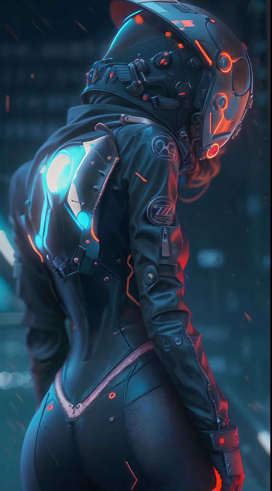 solo, Raw photo, realistic, masterpiece, best quality, high resolution, ultra detailed, offical arts, unity 8K wallpaper, offical wallpaper, moody atmosphere, chiaroscuro, celty, 1girl,1female, helmet, bodysuit, black bodysuit, skin tight, biker clothes, animal ears, bikesuit, leather, large breasts, night, moonlight, gloves, (((unzipping))), innerboob, pose, a person in a cyberhelmet, white cyberhelmet, fantastic, close up, motion lines, buttom up top down, bent over, hyper detailed, neon lights, neon colors, cyberpunk, reflections, shining, sparks, shy and seductive posture arching your back down,