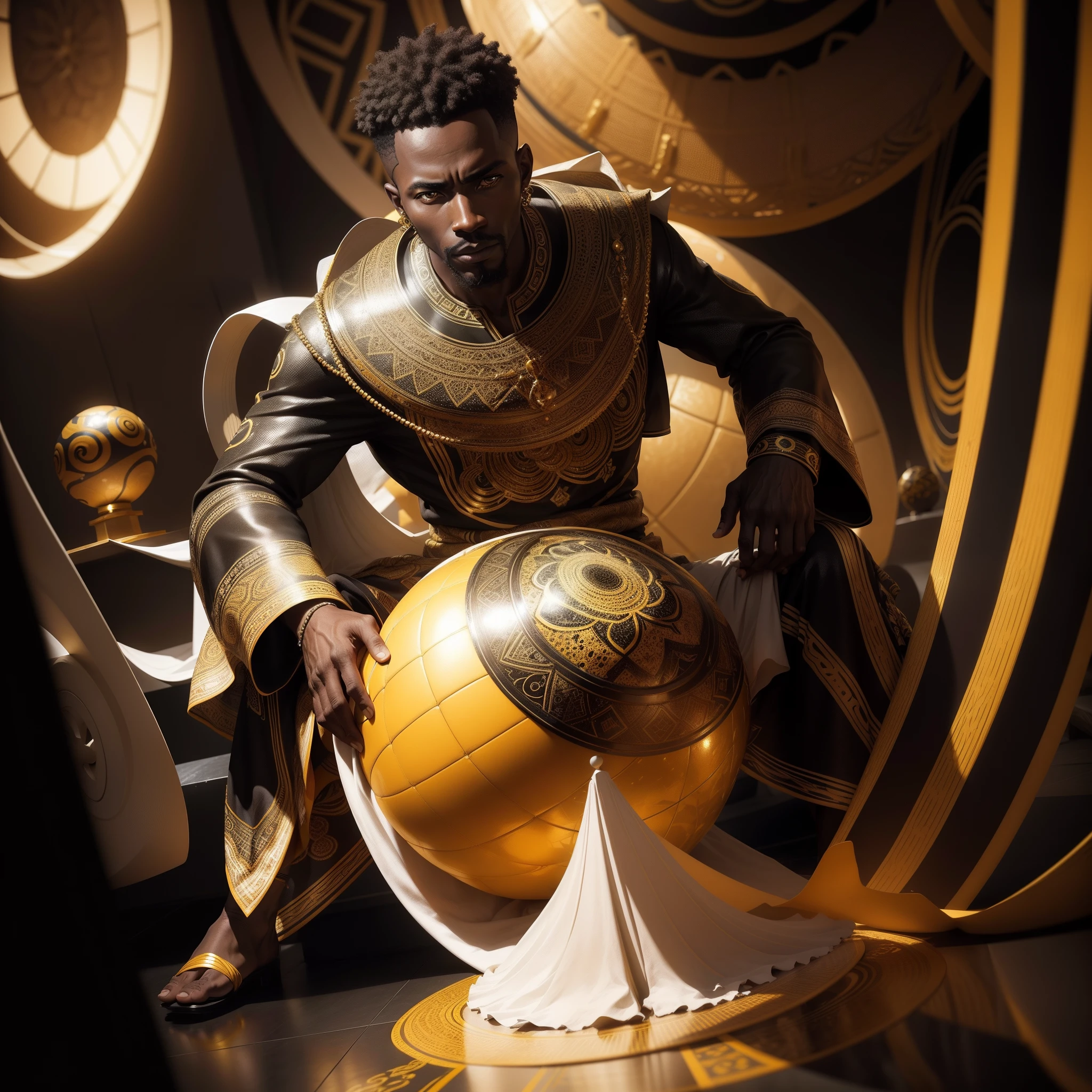 An African man dressed in African clothes sitting on a yellow sphere in a black and white room, black and white room with abstract shapes and stairs, with iridescent light, highly detailed images, vibrant beautiful colours, photorealistic image, 8k, ultra HD, unreal engine rendered, cinematic lighting, artgerm style,
