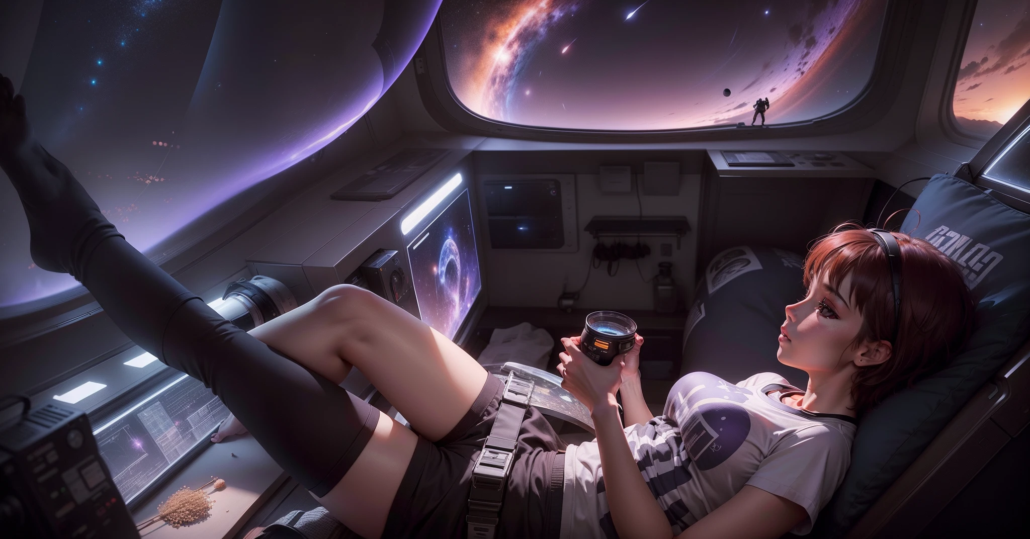 The young astronaut wakes up in a huge bed in a giant room on top of a skyscraper. description: The room is spacious, com uma cama grande no centro. Large windows offer an impressive view of the sunny metropolis. Add a blue sky with clouds in the sky, Add a panoramic view to the scene, Adicionar uma pintura fosca do artista Syd Mead, Add hyperrealism in the astronaut's body set fingers and hands