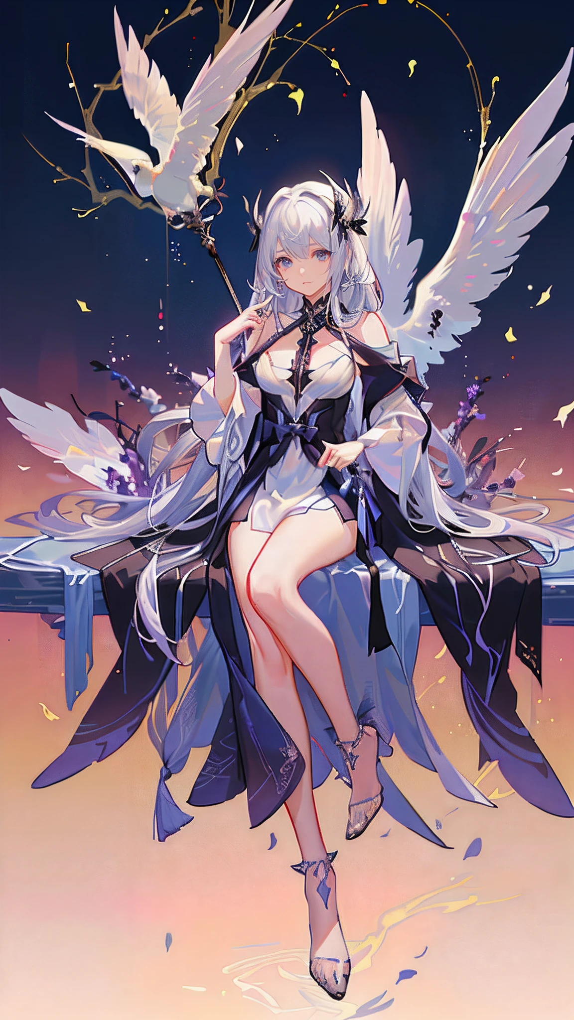 1girl in, 独奏, offcial art, unity 8k wall paper, ultra - detailed, prettify、Aesthetic, tmasterpiece, top-quality, Photorealsitic, A female angel、one white winged、Silver armor、Helmet with feather decoration、Long steel spear、Glowing angel circle、Light magic、depth of fields, Fantastic atmosphere, calm color palette, Tranquil Mood, Soft Shading (zentangle、datura、Tangles、Tangles:0.7) abstract backgrounds、The most beautiful forms of chaos、ellegance、Dark theme designed by brutalists