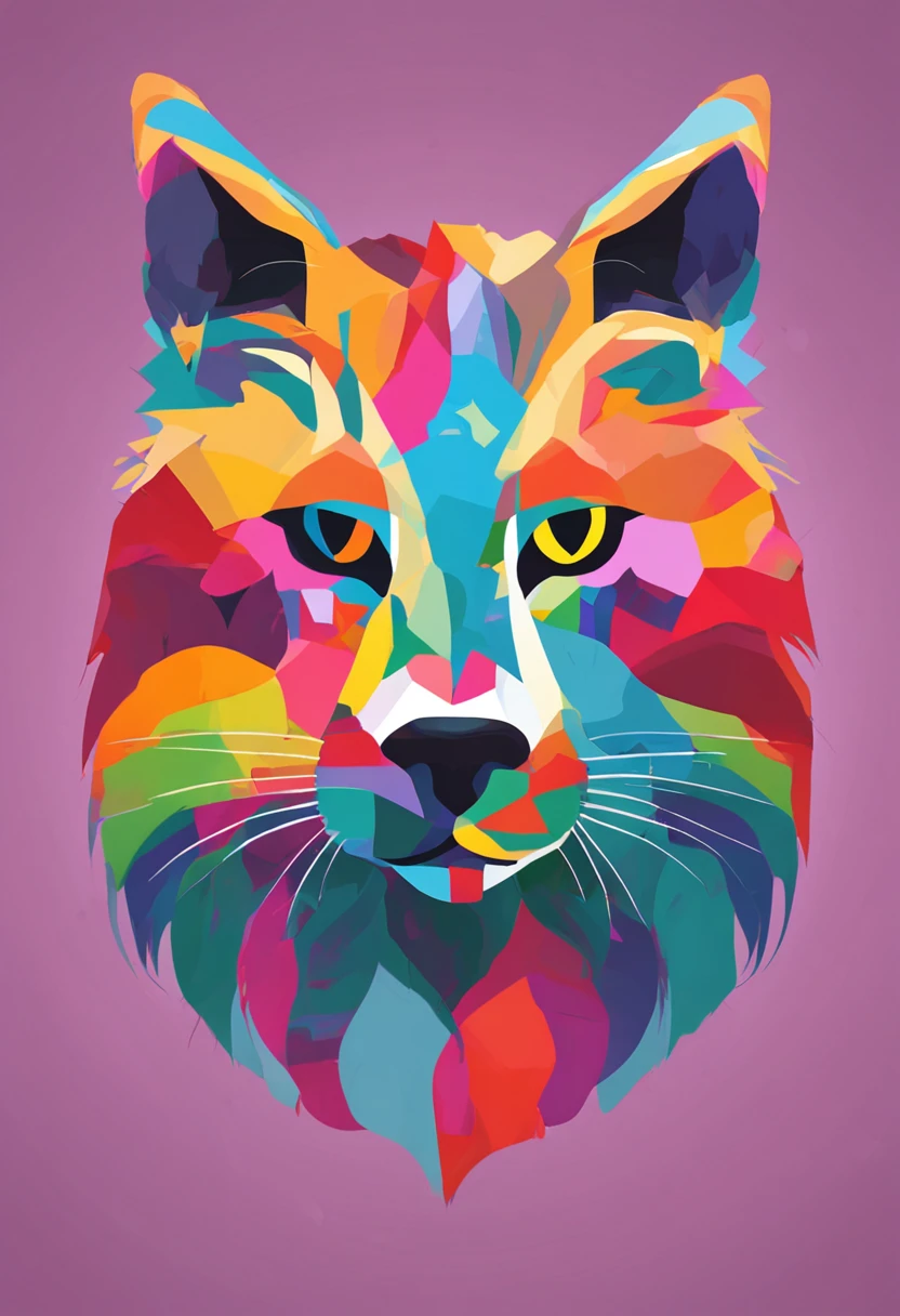 Colorful Logo, Cat head minimalist vector art logo illustration, Frontal, Magic, Crisp design, suave, monochrome color, Dark Magic Colorful Splash Painting, tshirt design, In the style of Studio Ghibli, The design must be vector art, Cat introduction. Using Adobe Illustrator、Create a logo with a sharp and simple look, But fascinating. Keep the design centered on the dog's eye, Capture its uniqueness and charm. The logo should evoke a sense of sophistication and tranquility. Emphasis on low-poly style、Adds a touch of luxury to the beard. The overall aesthetic must be elegant and elegant, Make it appropriate for your branding and logo purposes, black backgrounds, ((Symmeter))　It's a Siamese cat