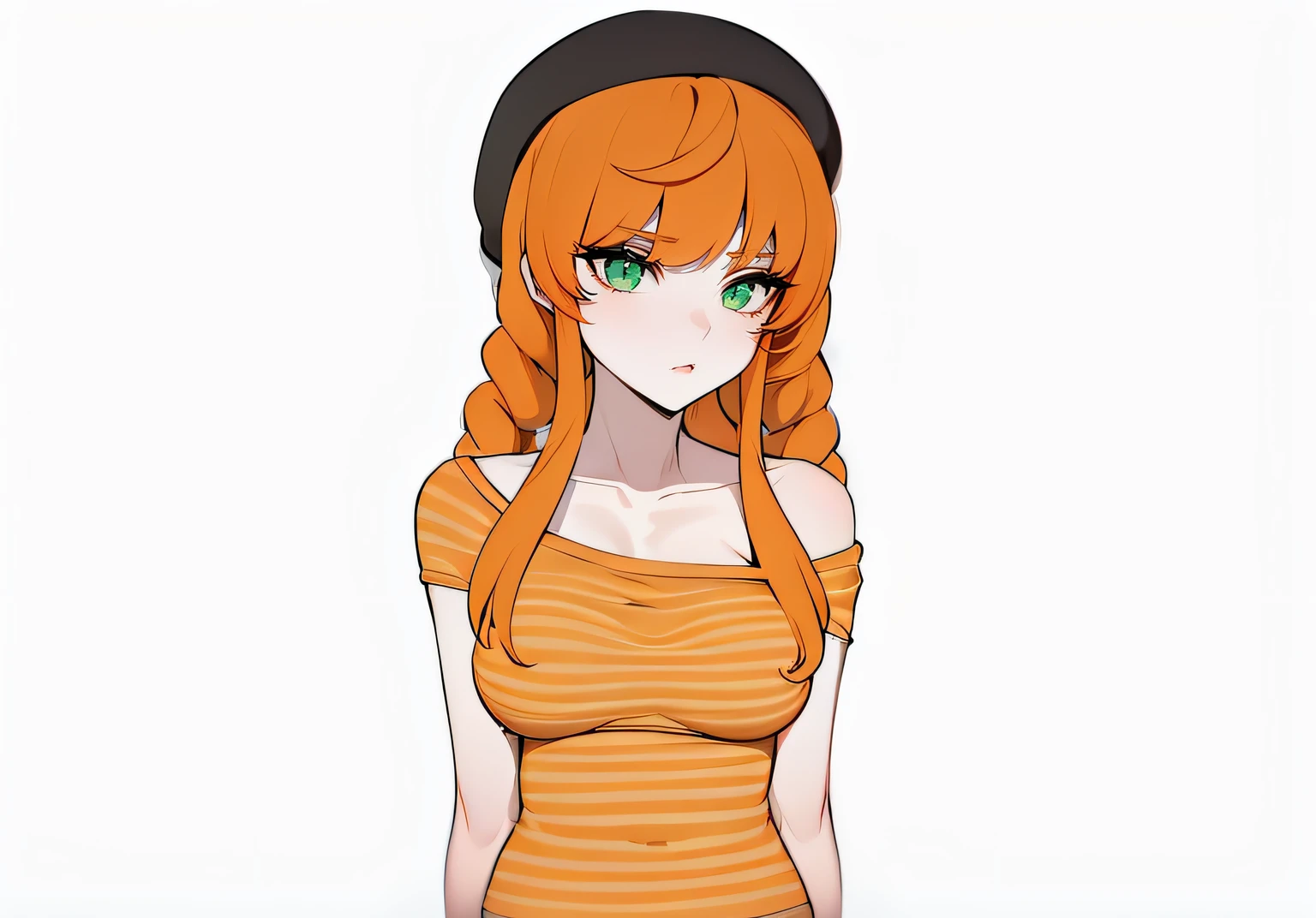 refined and elegant face, penetrating and serious look, slim and fit body, black wool cap, braided double pigtails, her skin is white and soft, pink lips that highlight her beauty, black jeans, light green eyes, orange hair, adult, (orange tank tops with yellow stripes)