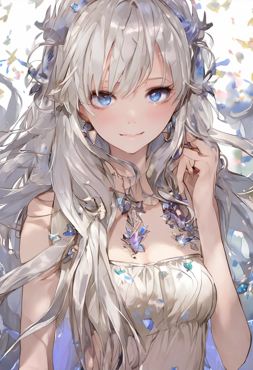 Unbeatable beauty, Skin is firm and shiny, There are bangs between the eyes, Shiny straight beautiful platinum blonde hair, Silky Super Long Straight Hair, Eyeliner, Sexy beautiful innocent 14 year old, HD big big beautiful bright blue eyes, beautiful cute girl, baby face, Short sleeve