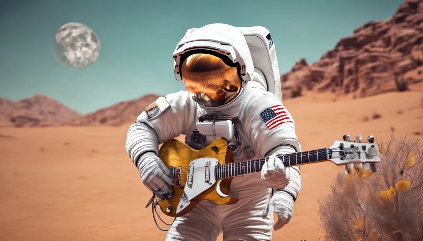 (Detailed description) Astronaut in sunglasses playing an electric guitar of model Les Paul